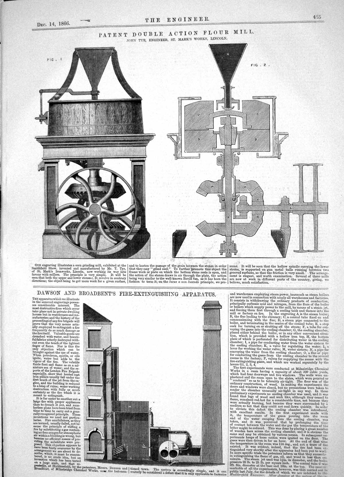 Old Print 1866 Patent Double Action Flour Mill Tye Dawson Broadbent Fire 19th