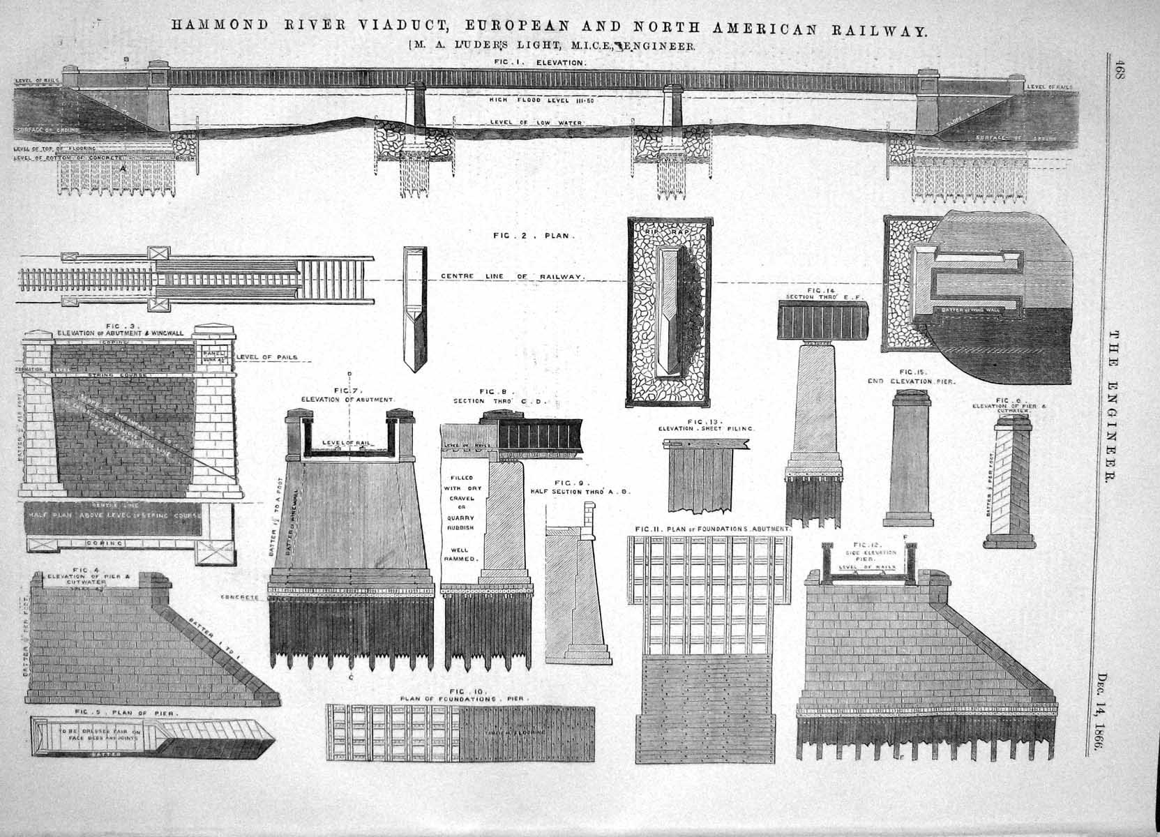 Antique Old Print 1866 Hammond River Viaduct European Northern Railway Luders