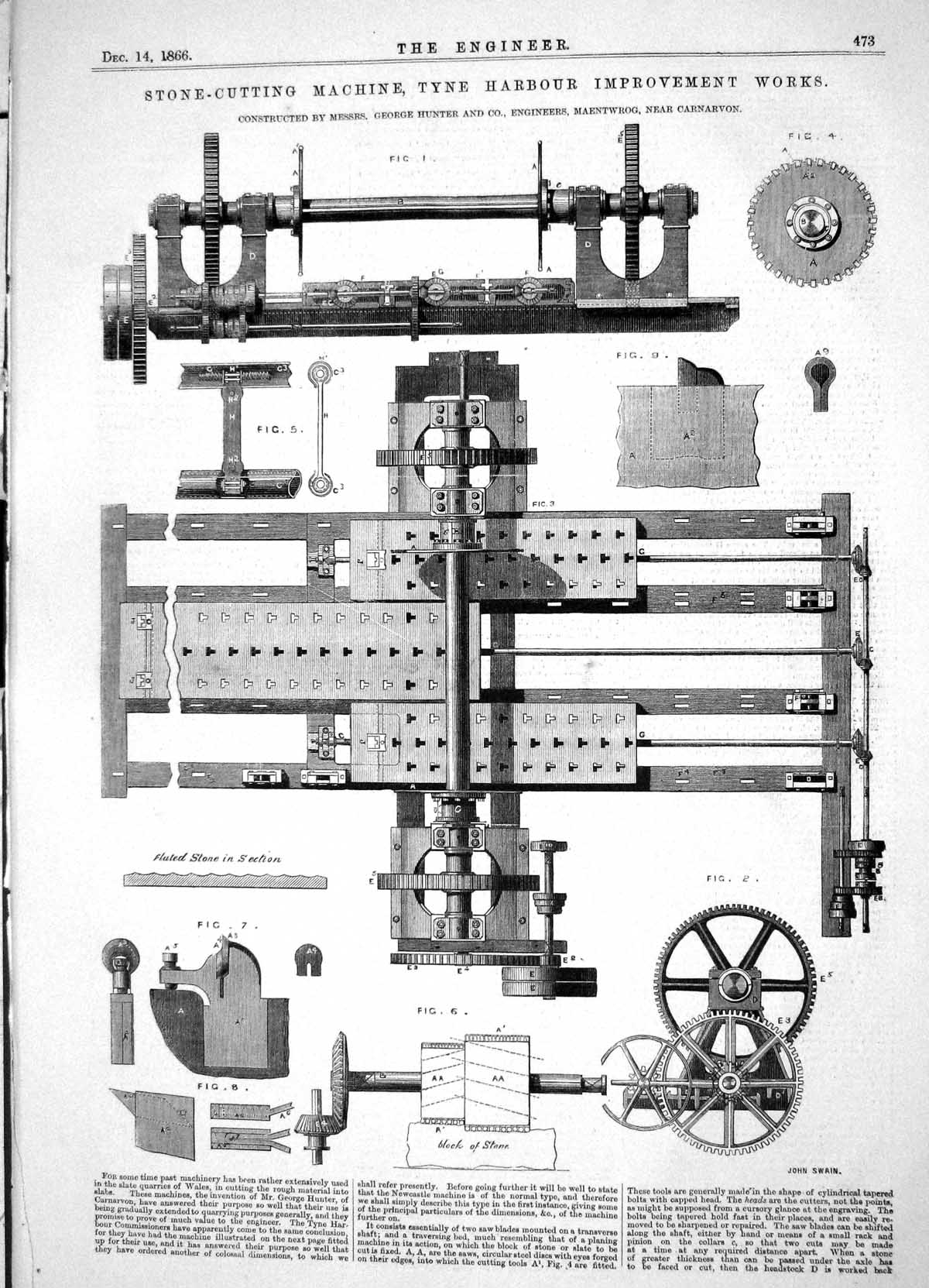 Antique Old Print 1866 Stone-Cutting Machine Tyne Harbour Improvement Hunter