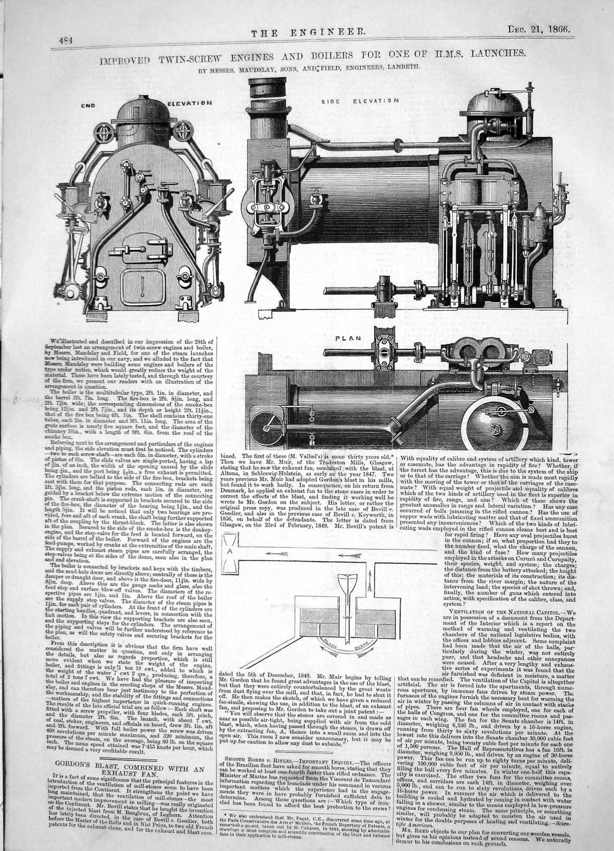 Antique Old Print 1866 Twin-Screw Engines Boilers H.M.S. Ship Maudslay Field