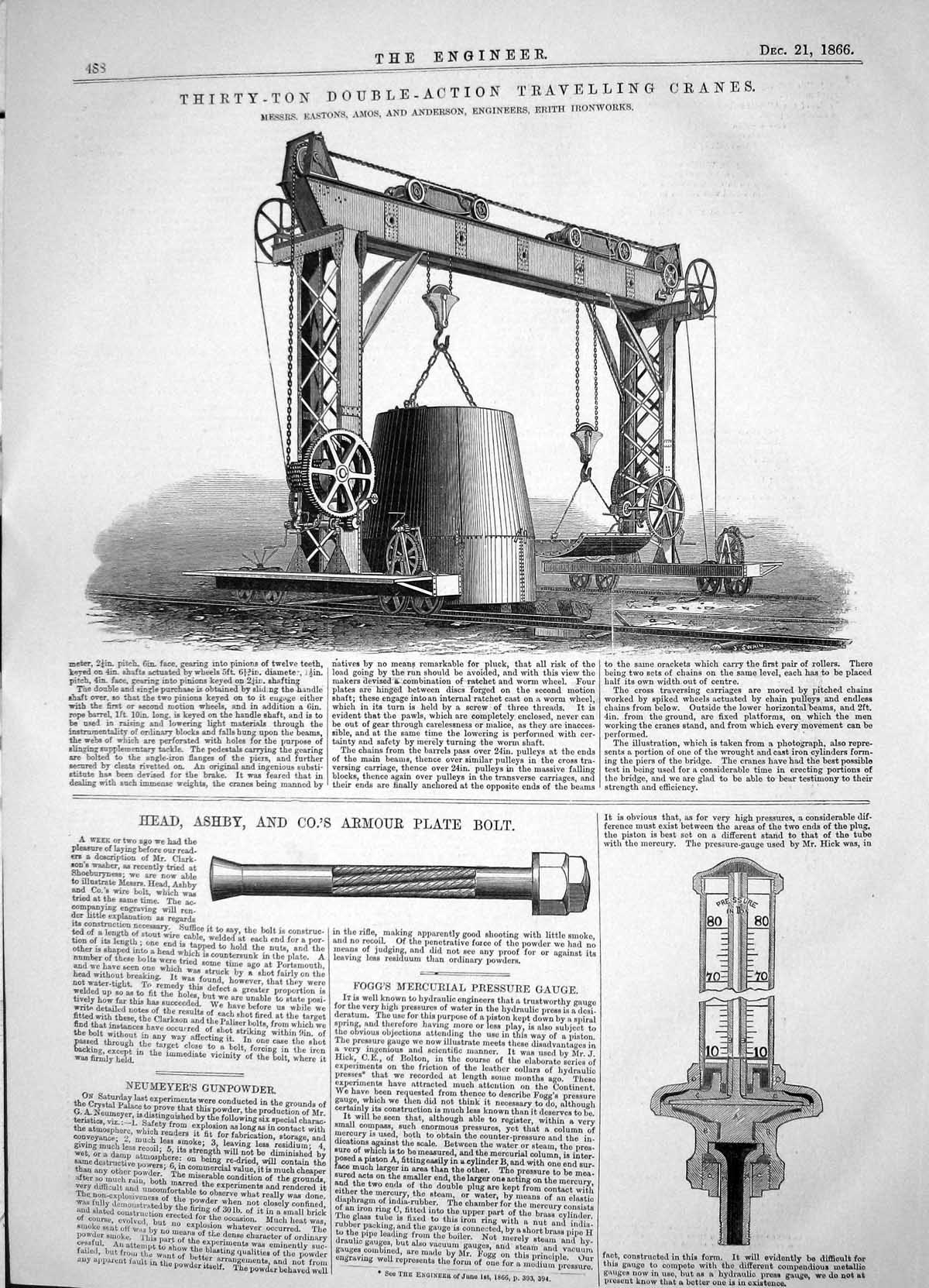 Antique Print 1866 Thirty-Ton Double Acting Travelling Cranes Eastons Ashby