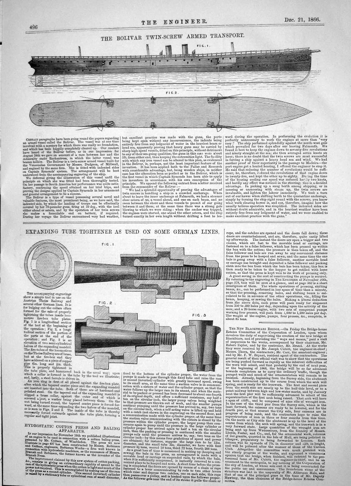 Antique Old Print 1866 Bolivar Twin-Screw Ship Armed Transport Tube Tightener