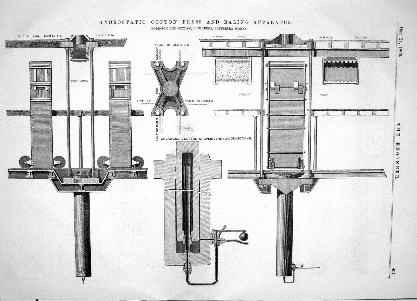 Old Print 1866 Hydrostatic Cotton Press Baling Apparatus Robinson Cottam 19th
