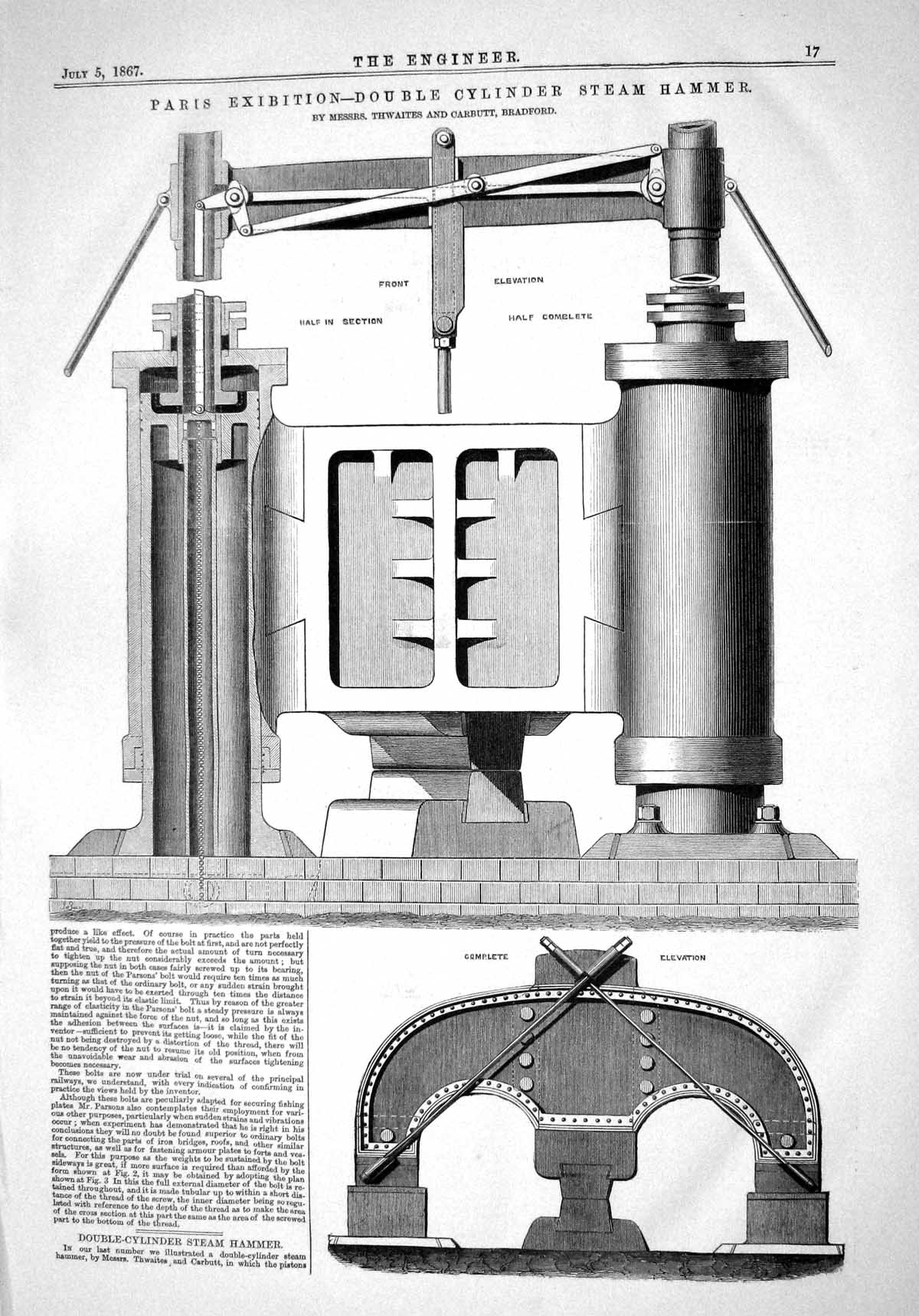 Old 1867 Paris Exhibition Double Cylinder Steam Hammer Thwaites Carbu Victorian