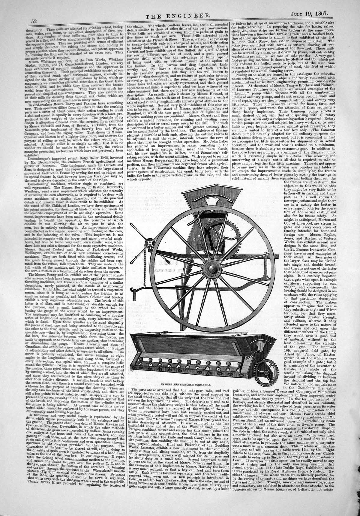 Old 1867 Engineering Hawkes Spencers Corn Drill Machinery Agriculture Victorian