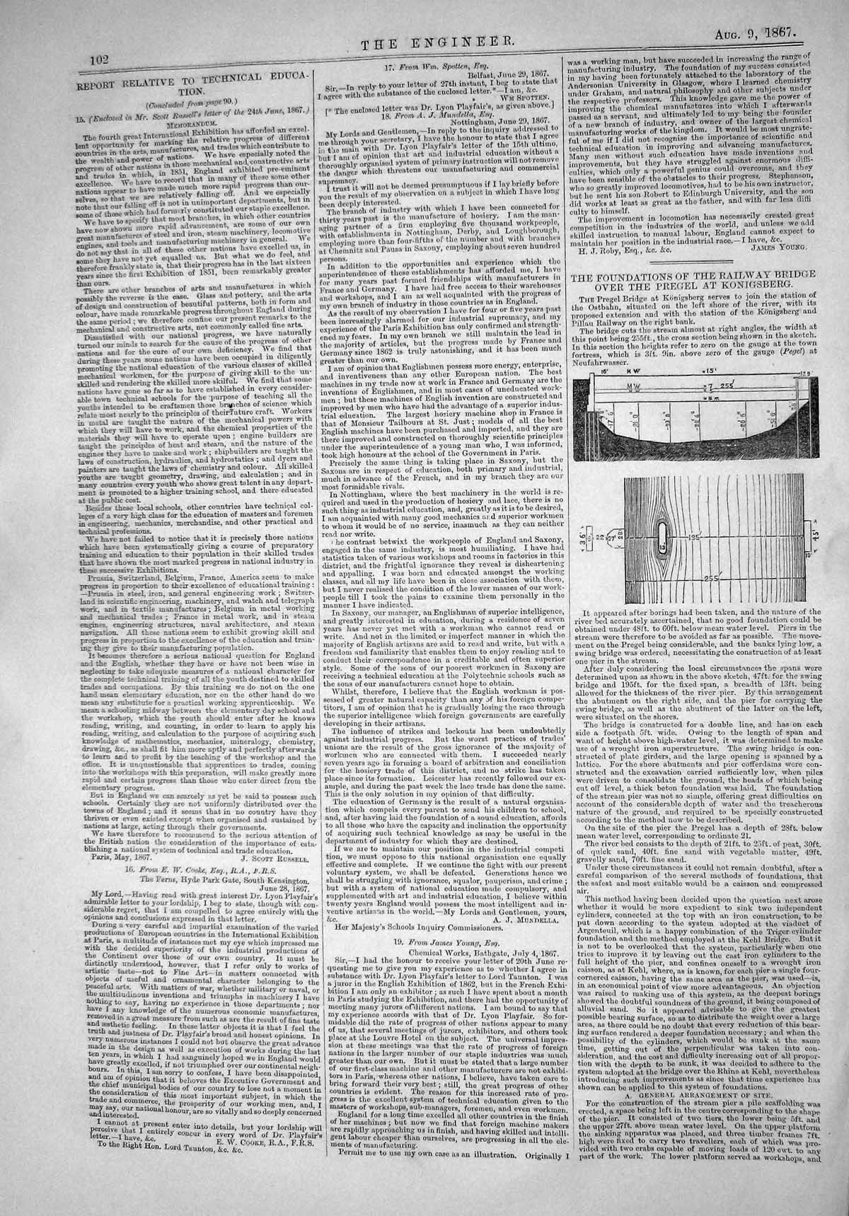 Antique Old Print 1867 Railway Bridge Pregel Konigsberg Foundations Apparatus