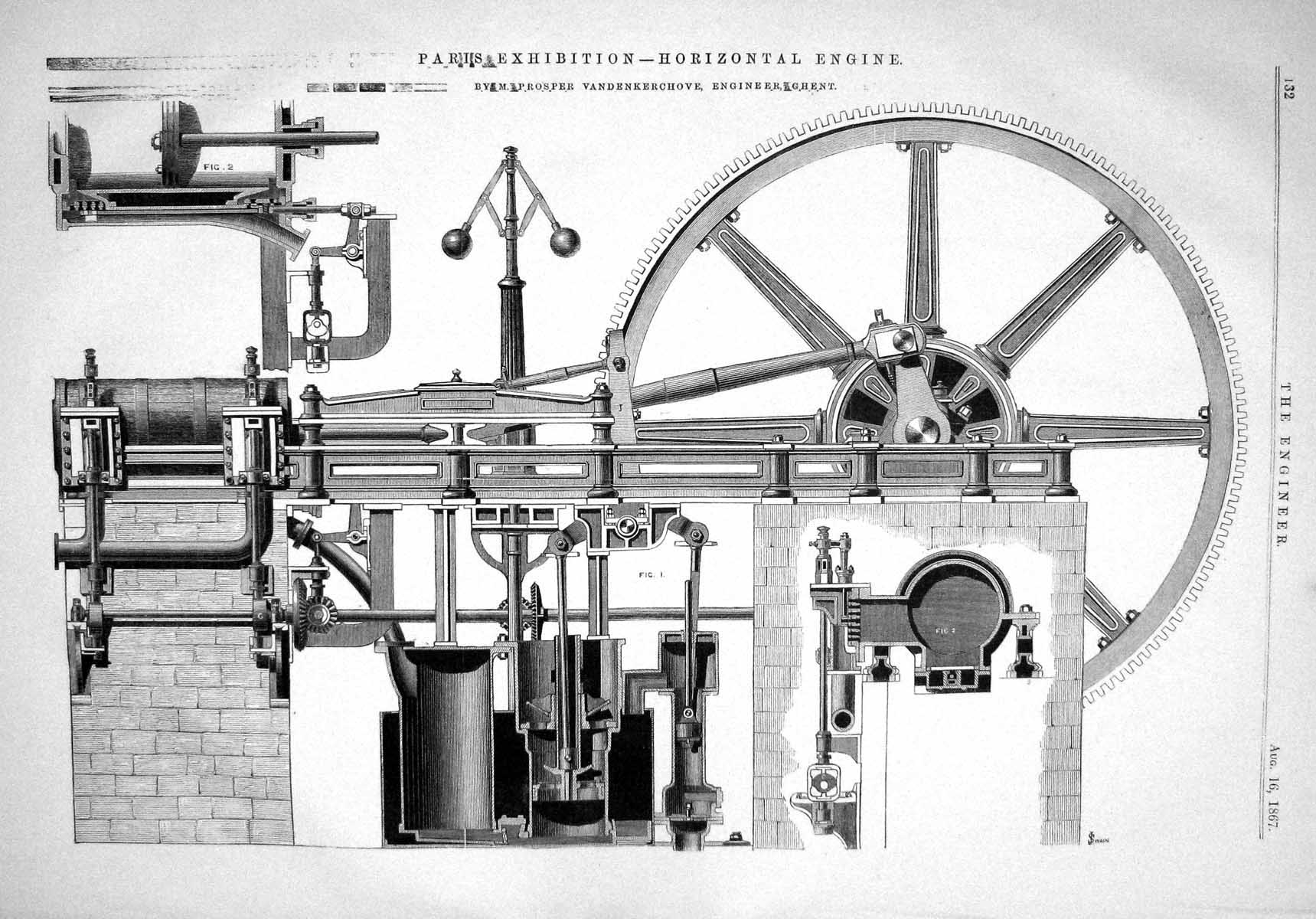 Old 1867 Paris Exhibition Horizontal Engine Vandenkerchove Engineer G Victorian