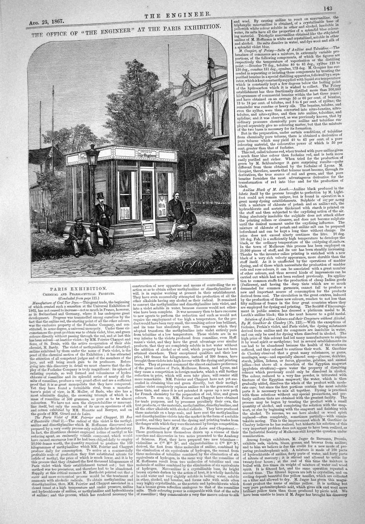 Original Old Antique Print 1867 Office Building Engineer Paris Exhibition Swan