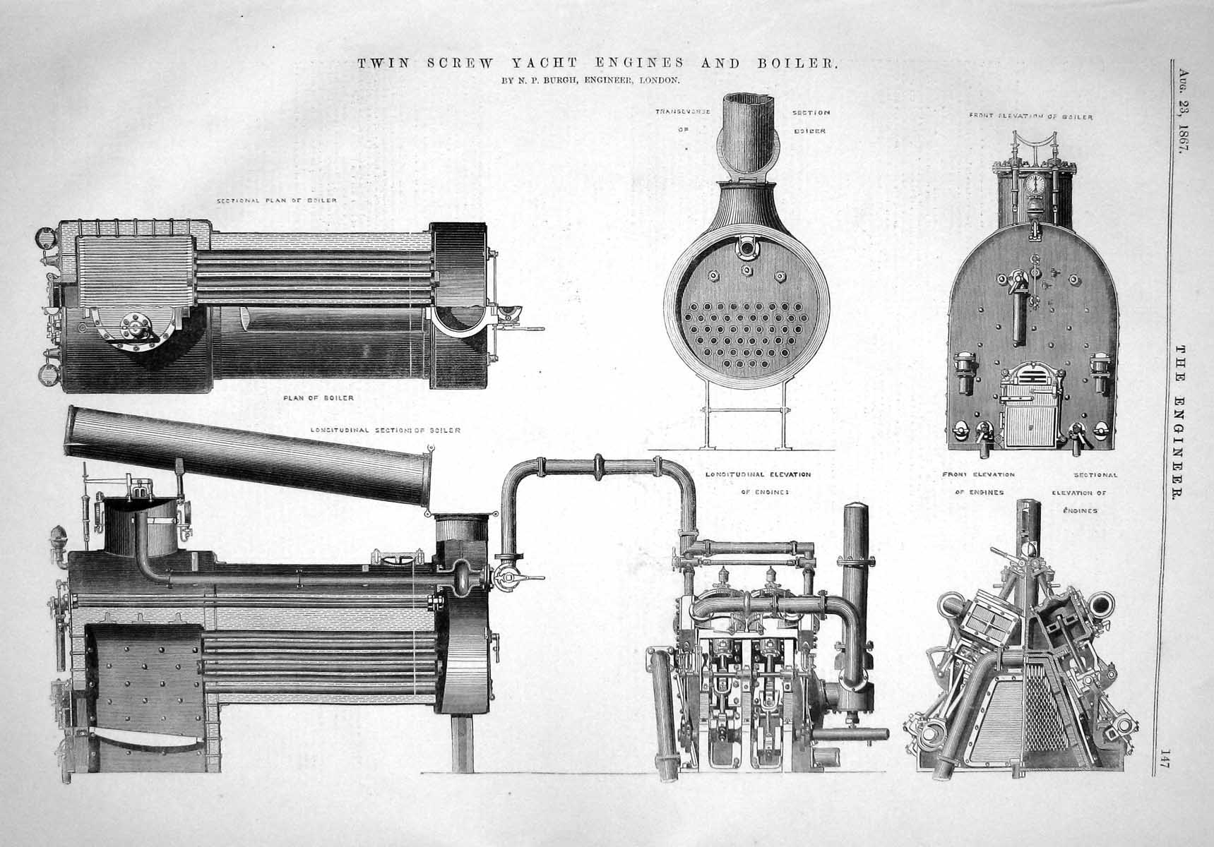 Old 1867 Twin Screw Yacht Engines Boiler Burgh Engineering Machinery Victorian
