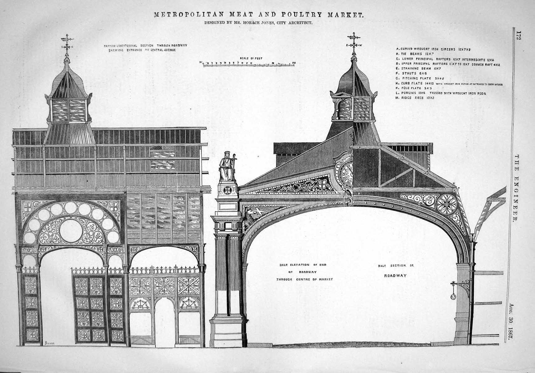 Old Print 1867 Metropolitan Meat Poultry Market Horace Jones Architecture 19th