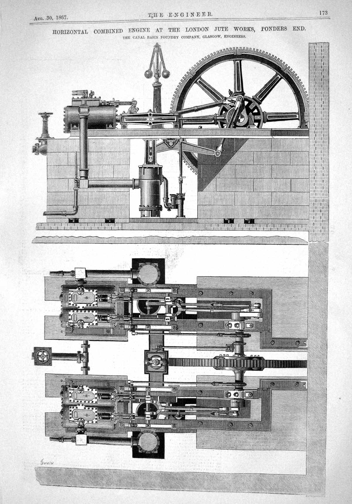 Old 1867 Horizontal Combined Engine London Jute Works Ponders Canal G Victorian