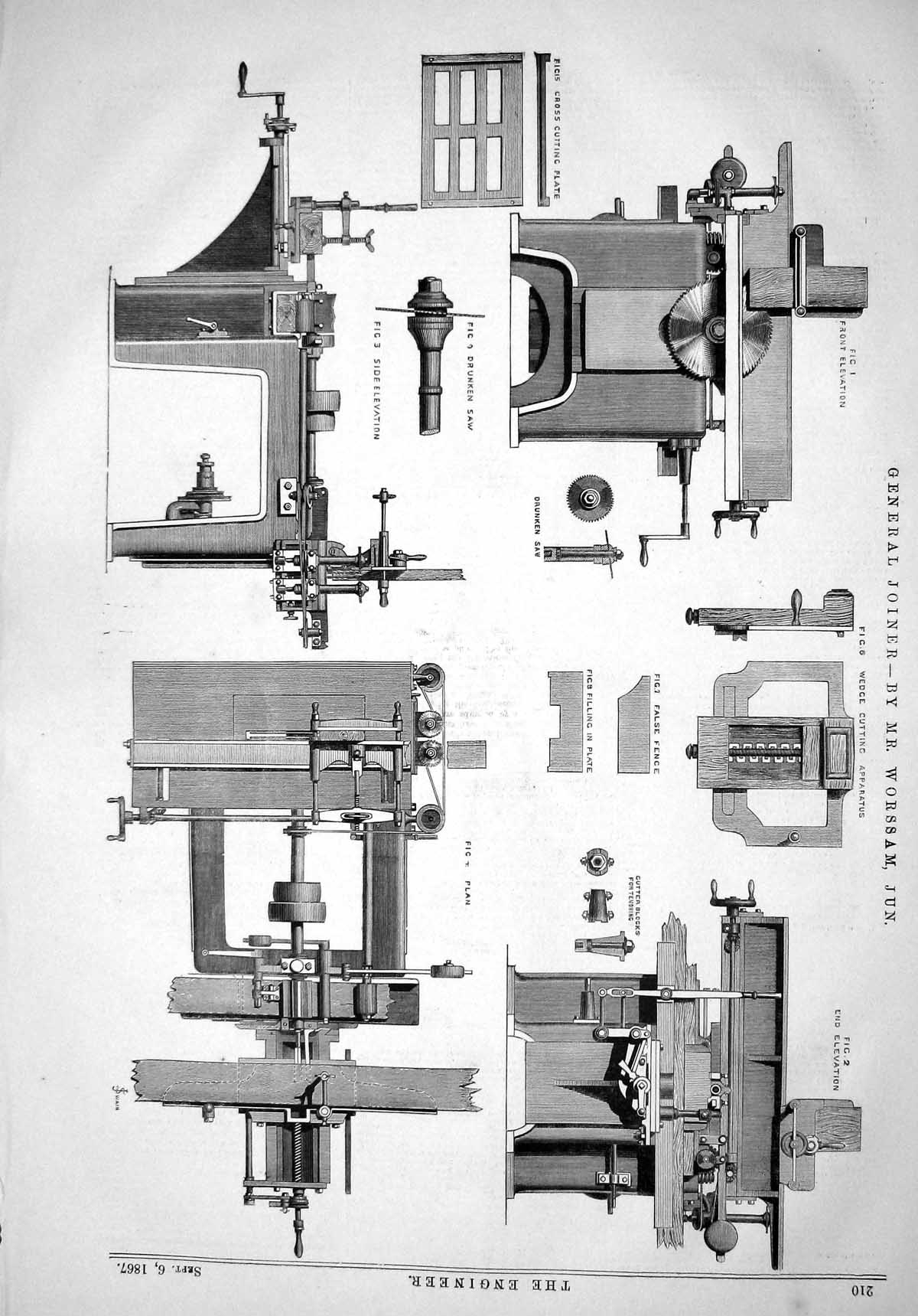 Old 1867 Joiner Worssam Wedge Cutting Apparatus Drunken Saw Machinery Victorian