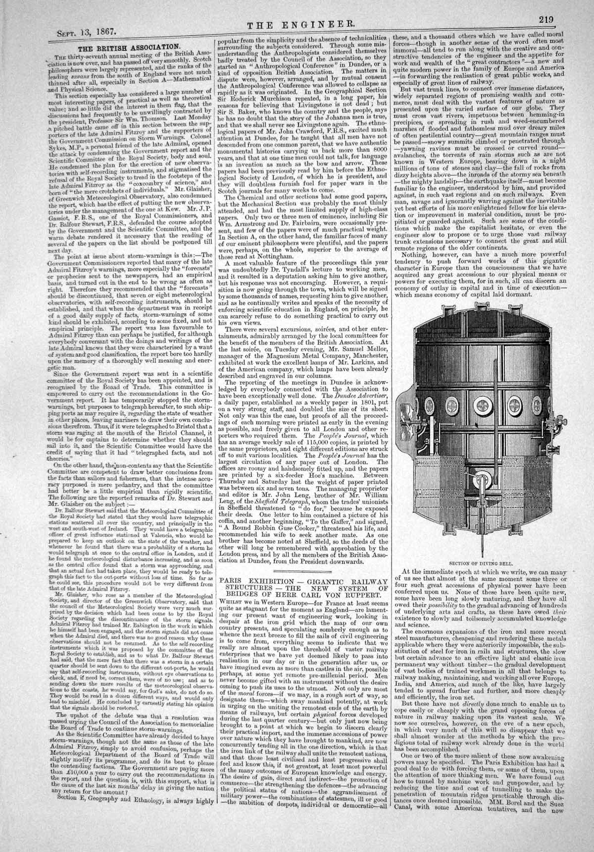 Antique Old Print 1867 Paris Exhibition Section Diving Bell Diagrams Drawings