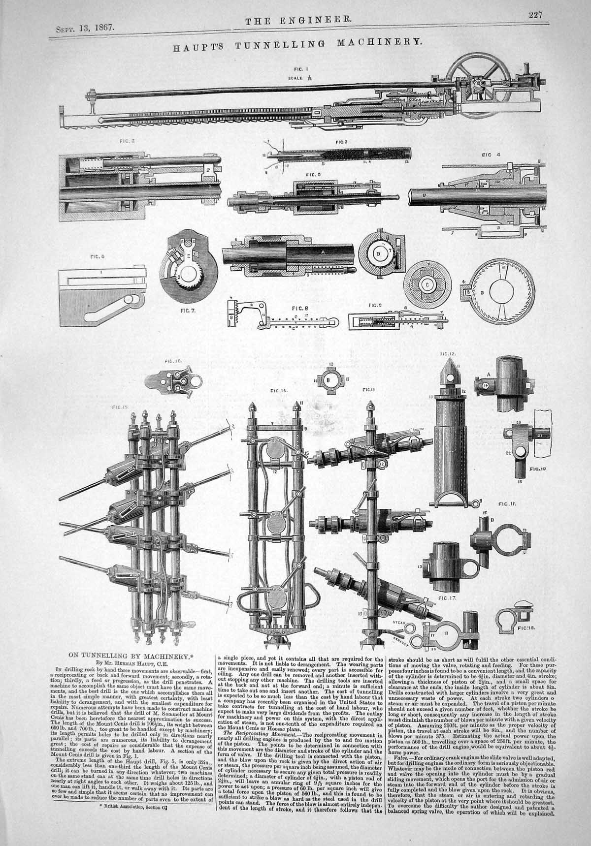Old Print 1867 Herman Haupt Tunnelling Machinery Engineering Instruments 19th