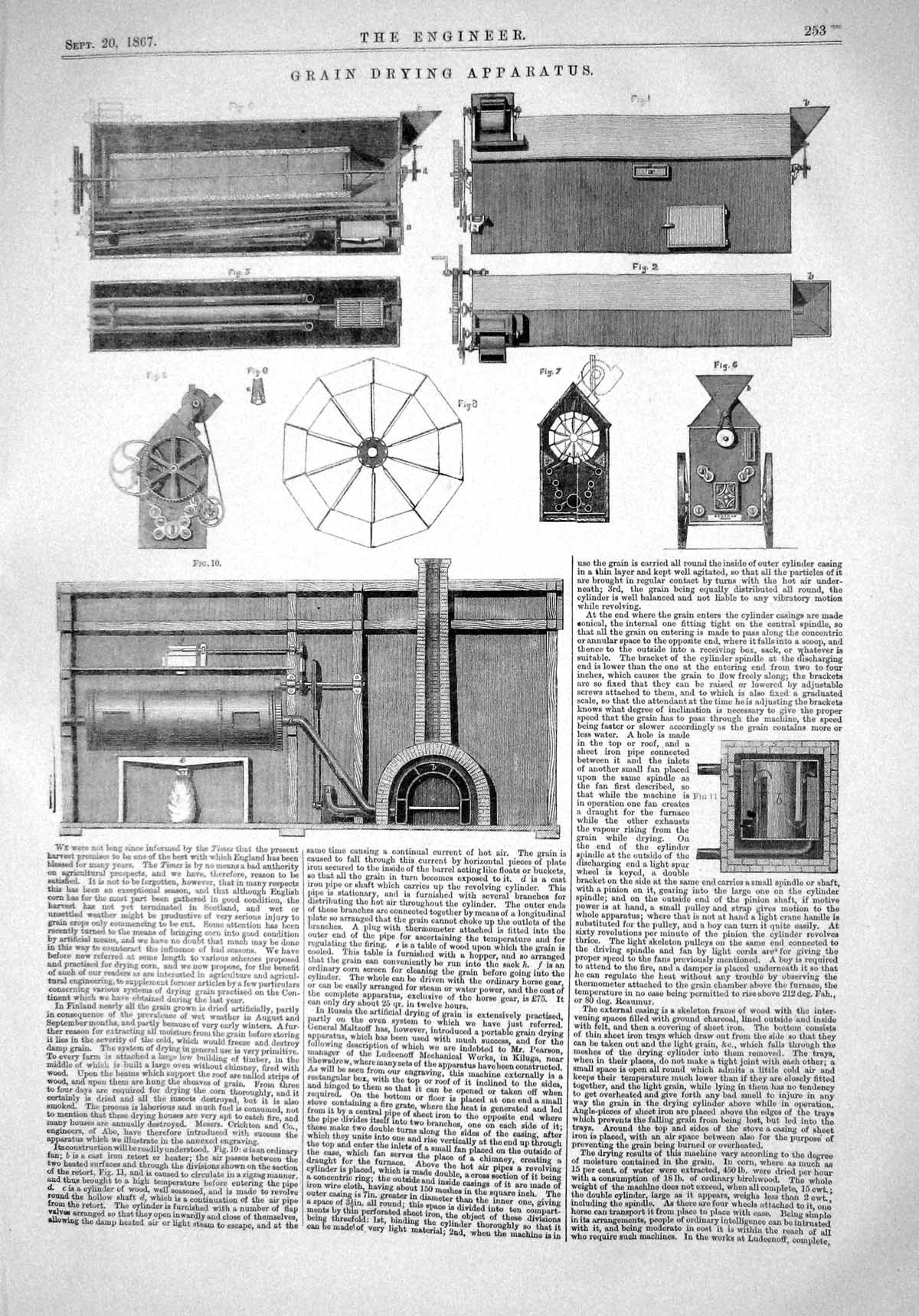 Antique Old Print 1867 Grain Drying Apparatus Agriculture Machinery Engineer