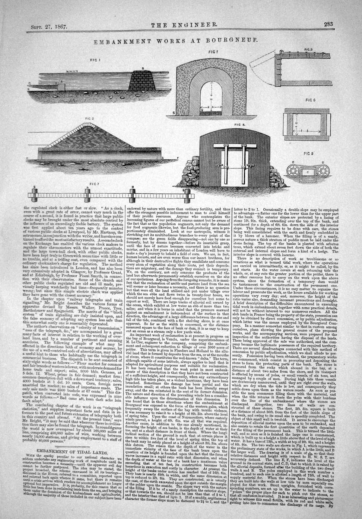 Old Print 1867 Embankment Works Bourgneue Machinery Diagrams Tidal Lands 19th