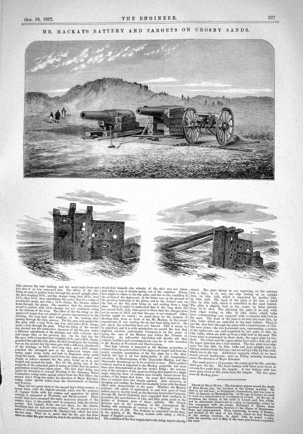 Old Print 1867 Mackay Battery Targets Crosby Sands Weapons War Canon Guns 19th