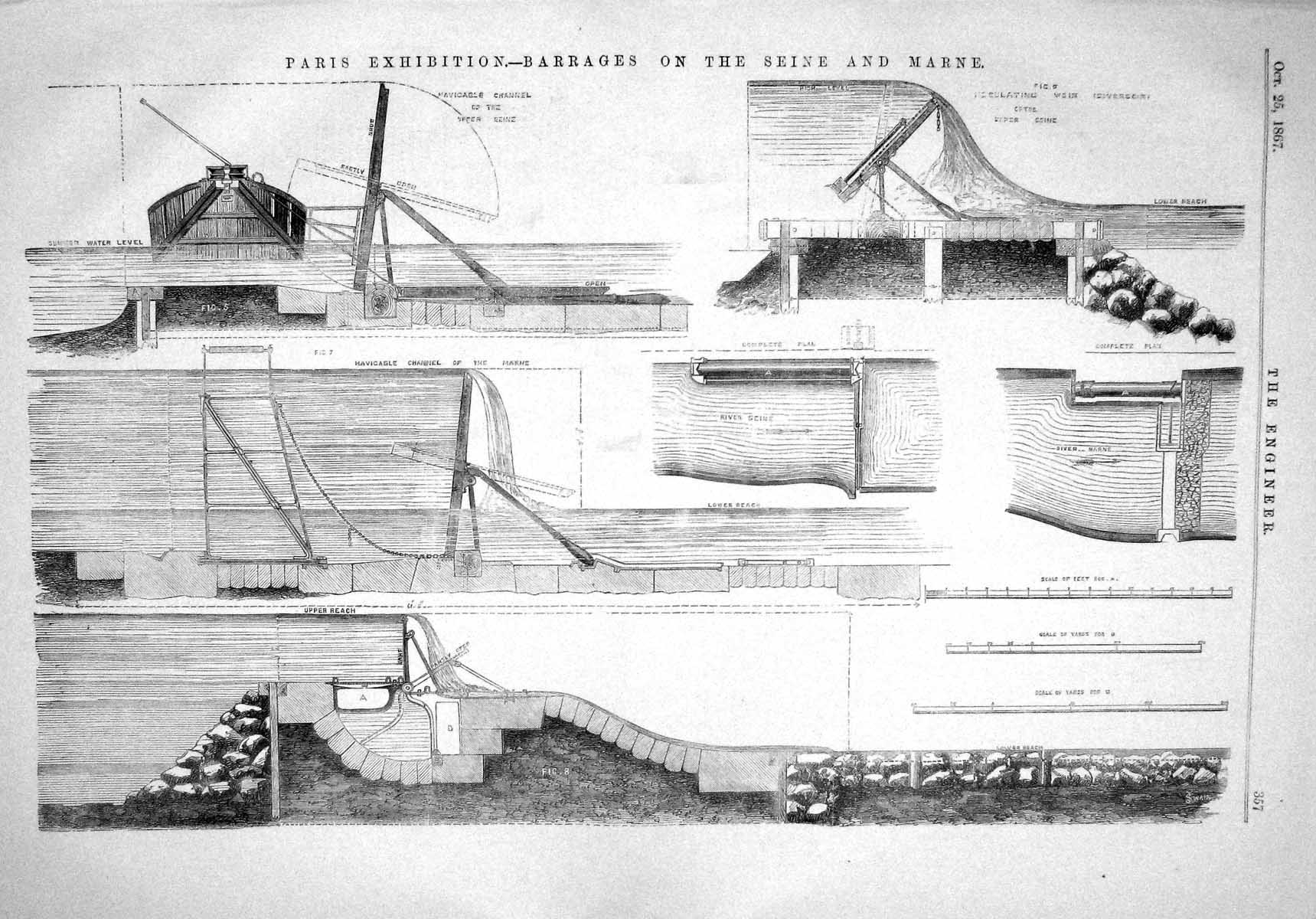 Old 1867 Paris Exhibition Barrages Seine Marne Channel River Engineer Victorian