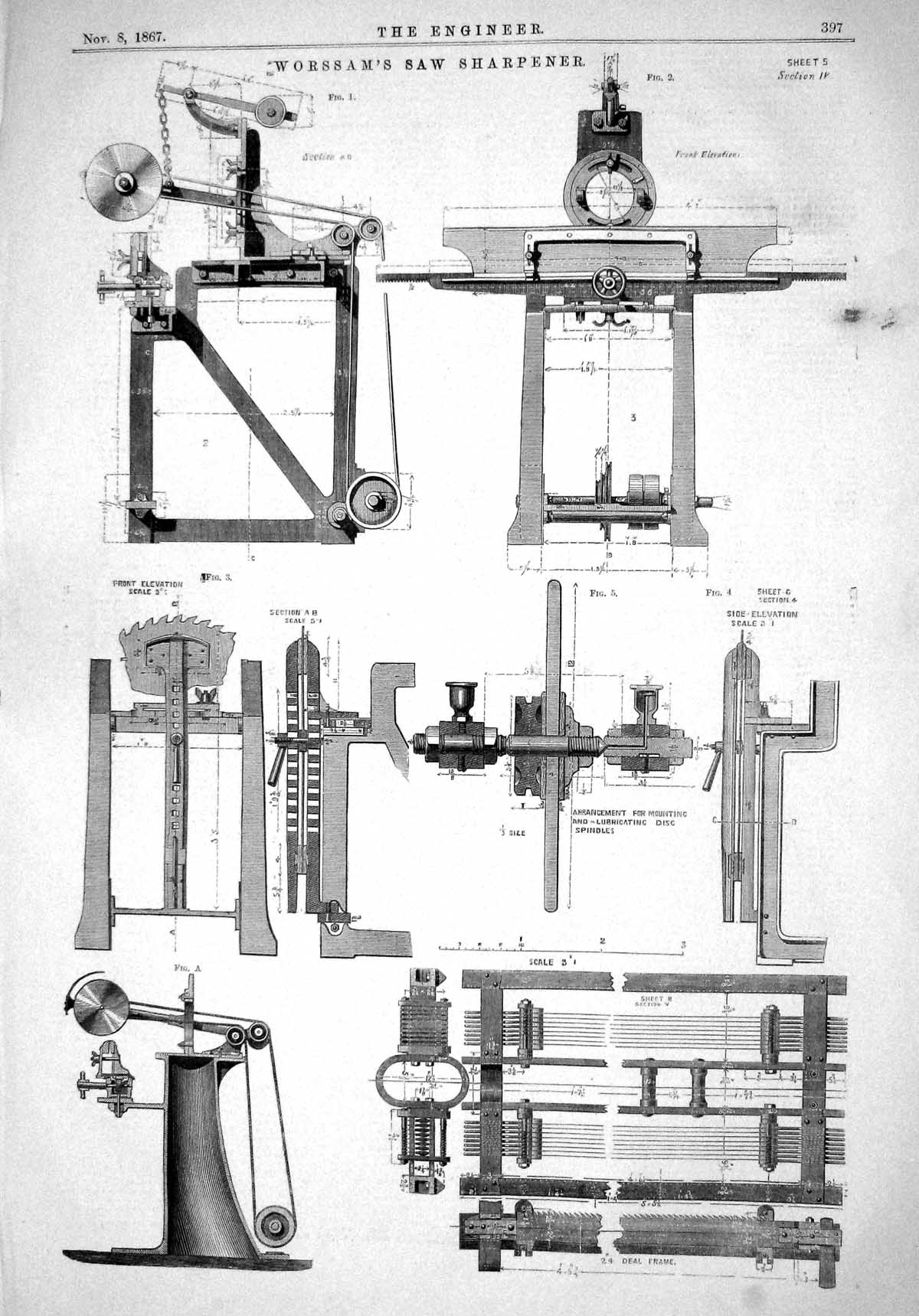 Old 1867 Worssam'S Saw Sharpener Machinery Diagrams Lubricating Disks Victorian