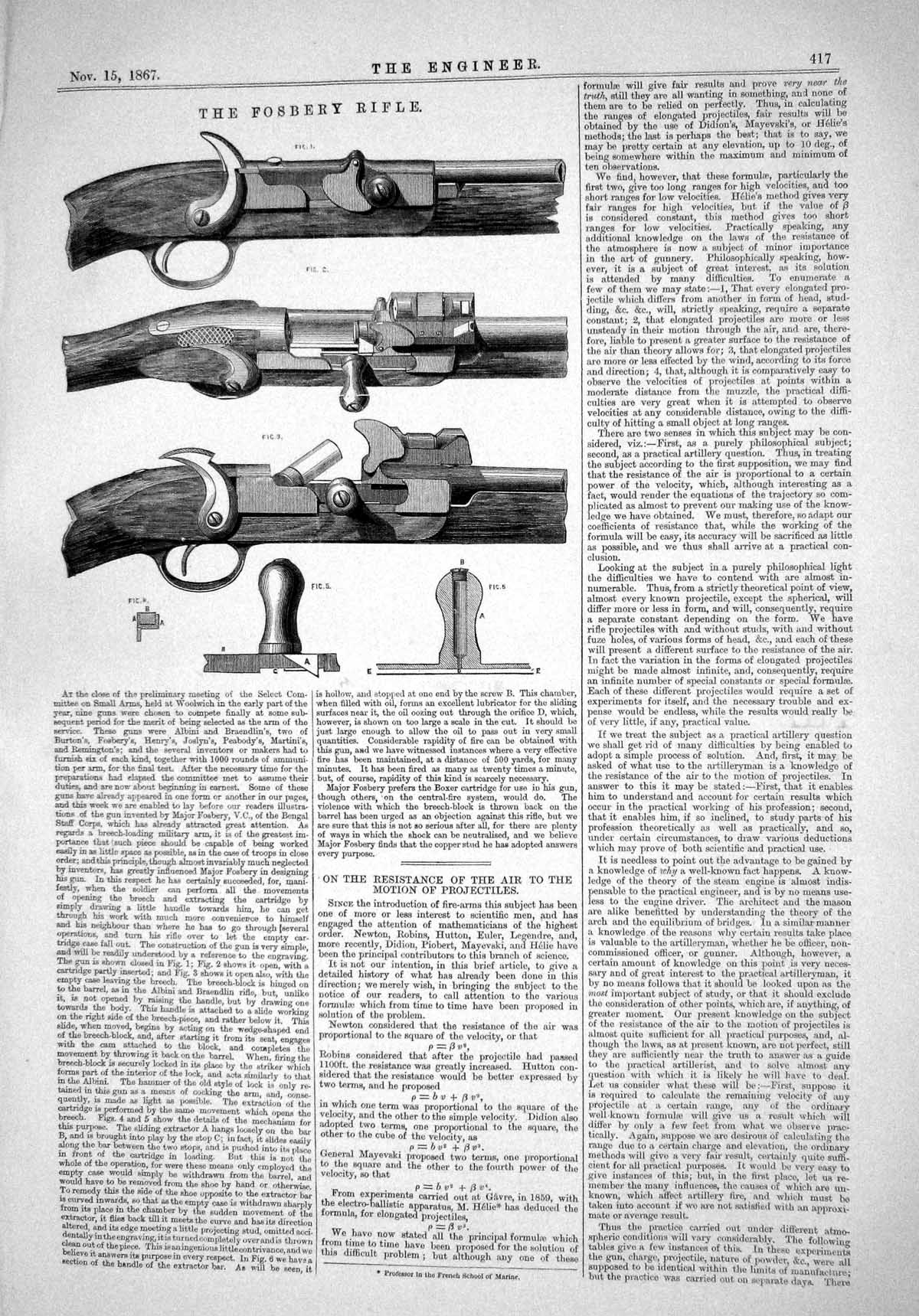 Original Old Antique Print 1867 Fosbery Rifle War Gun Weapon Engineer Victorian