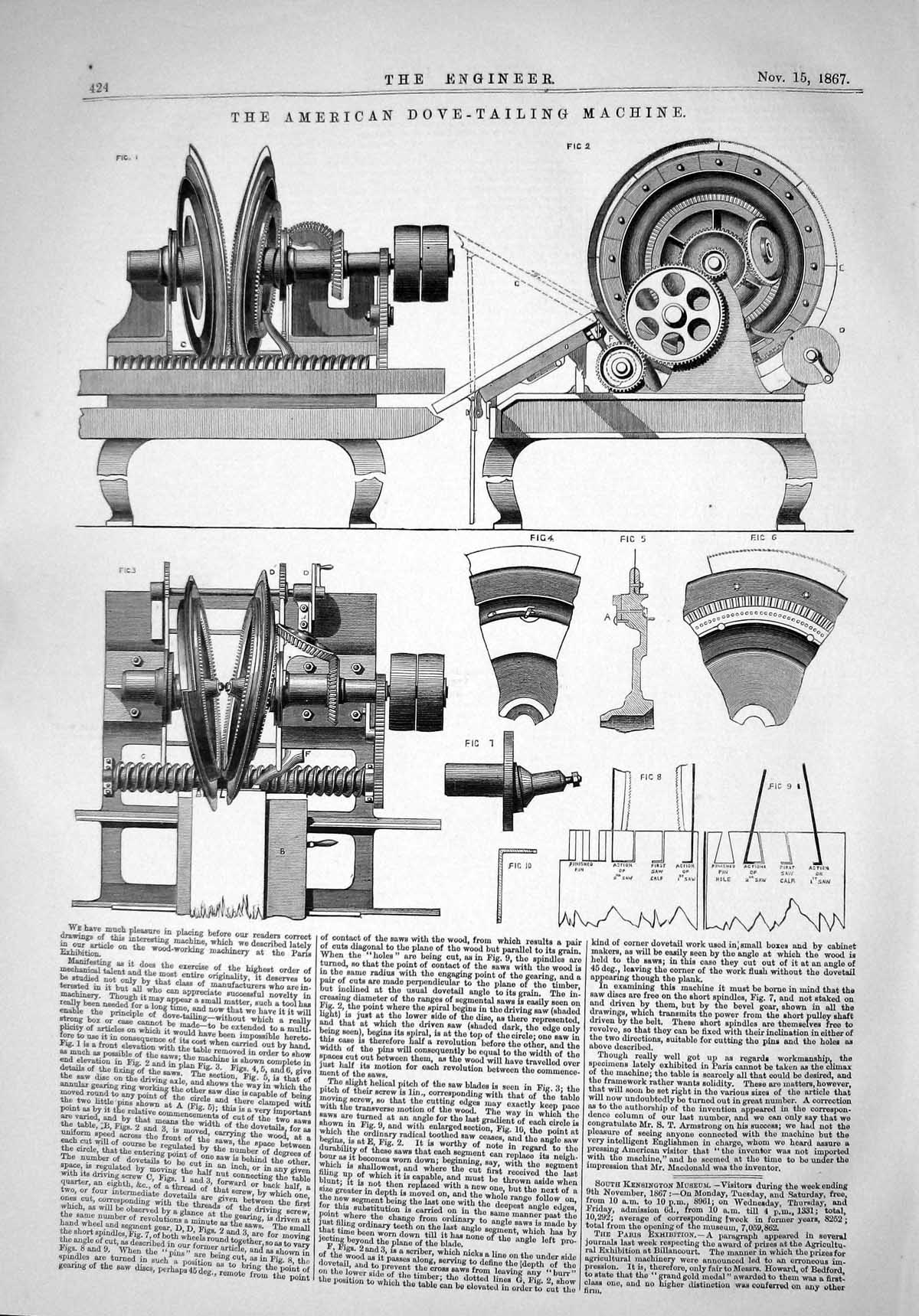 Old Print 1867 American Dove Tailing Machine Drawings Diagrams Machinery 19th