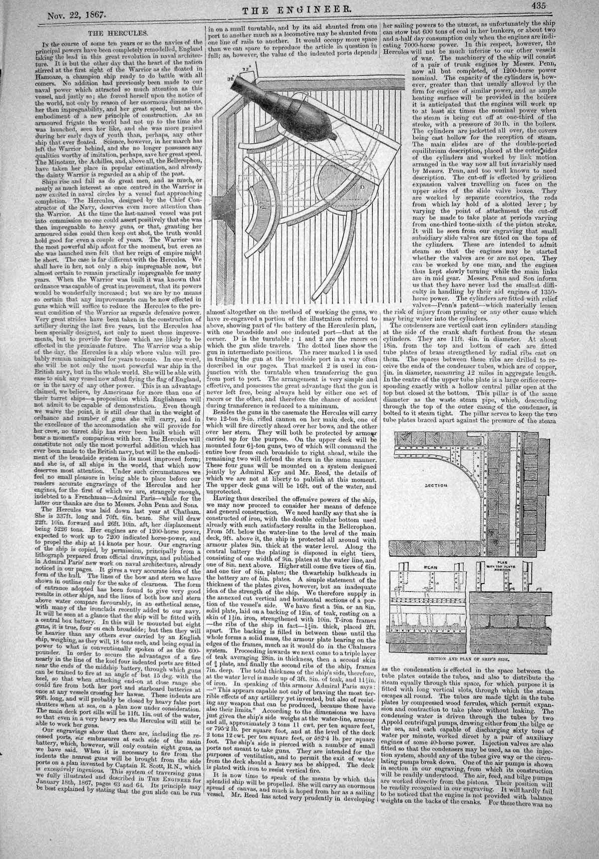 Original Old Antique Print 1867 Engineer Hercules Ship Plan Weapons War 19th