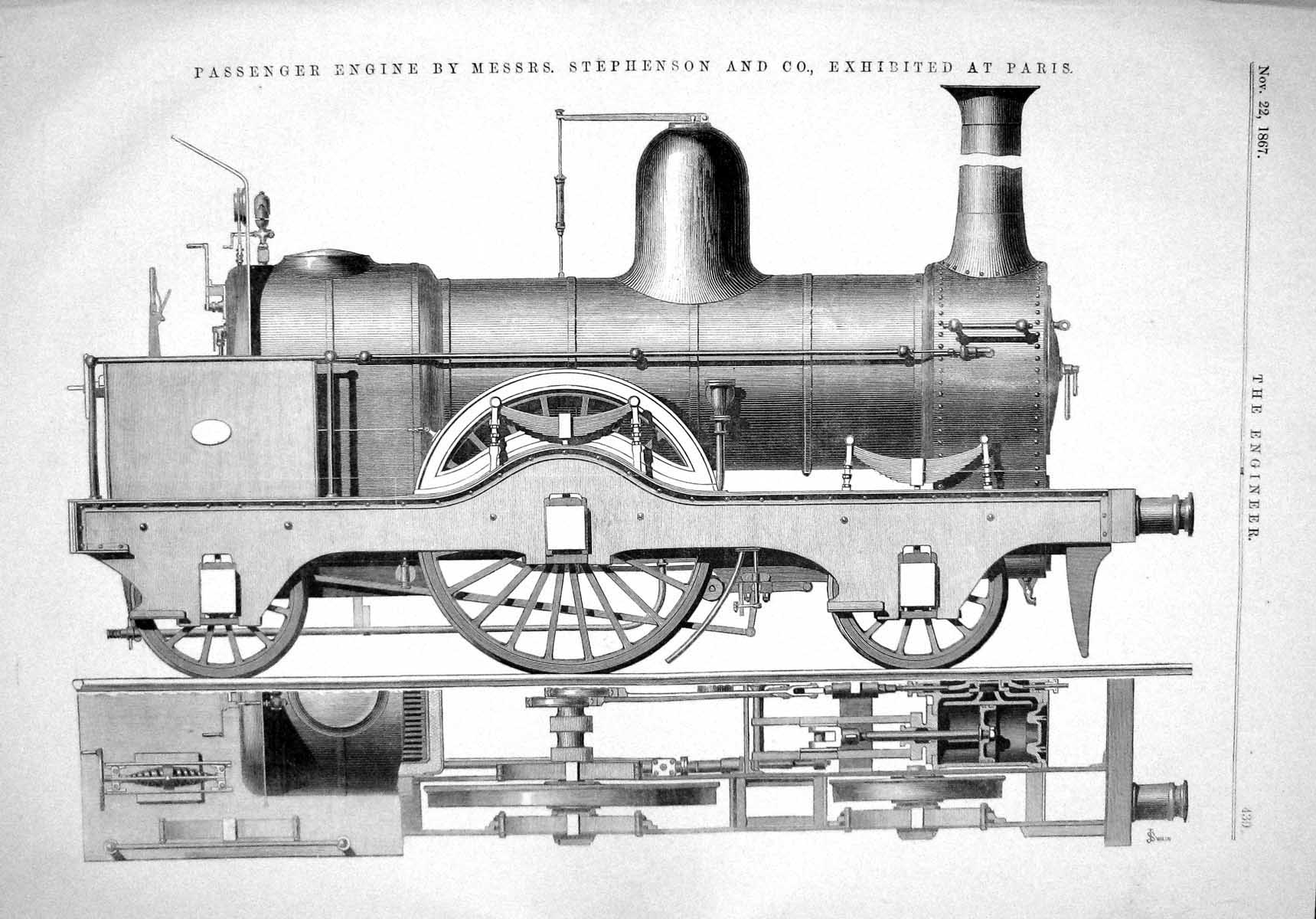 Old Print 1867 Passenger Engine Stephenson Railway Train Paris Exhibition 19th