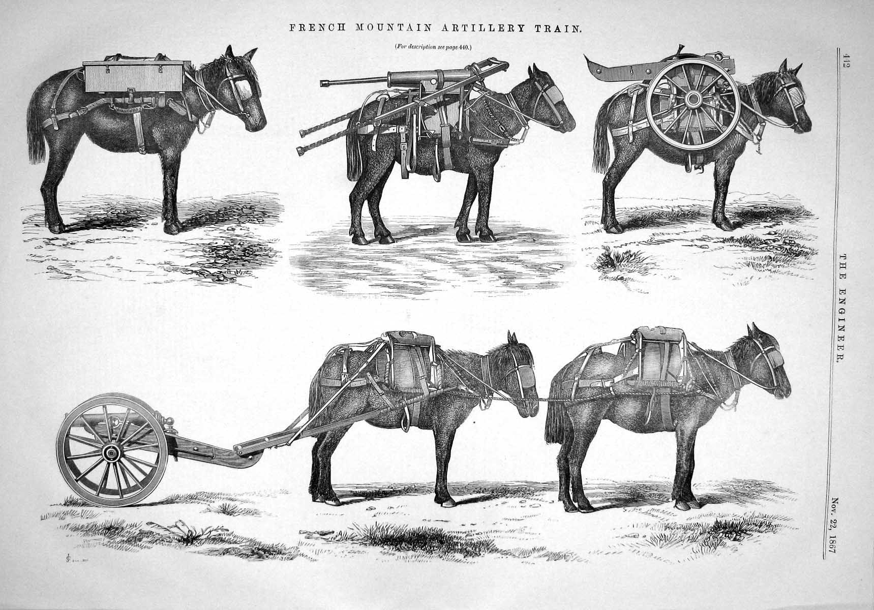 Antique Old Print 1867 French Mountain Artillery Train Horses Weapons Guns 19th