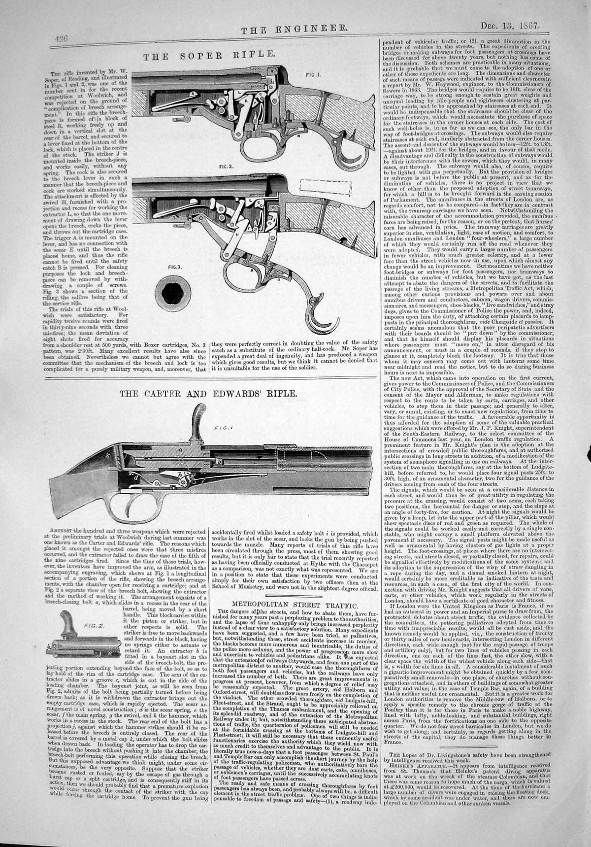 Original Old Antique Print 1867 Soper Rifle Carter Edwards Weapon Gun Engineer