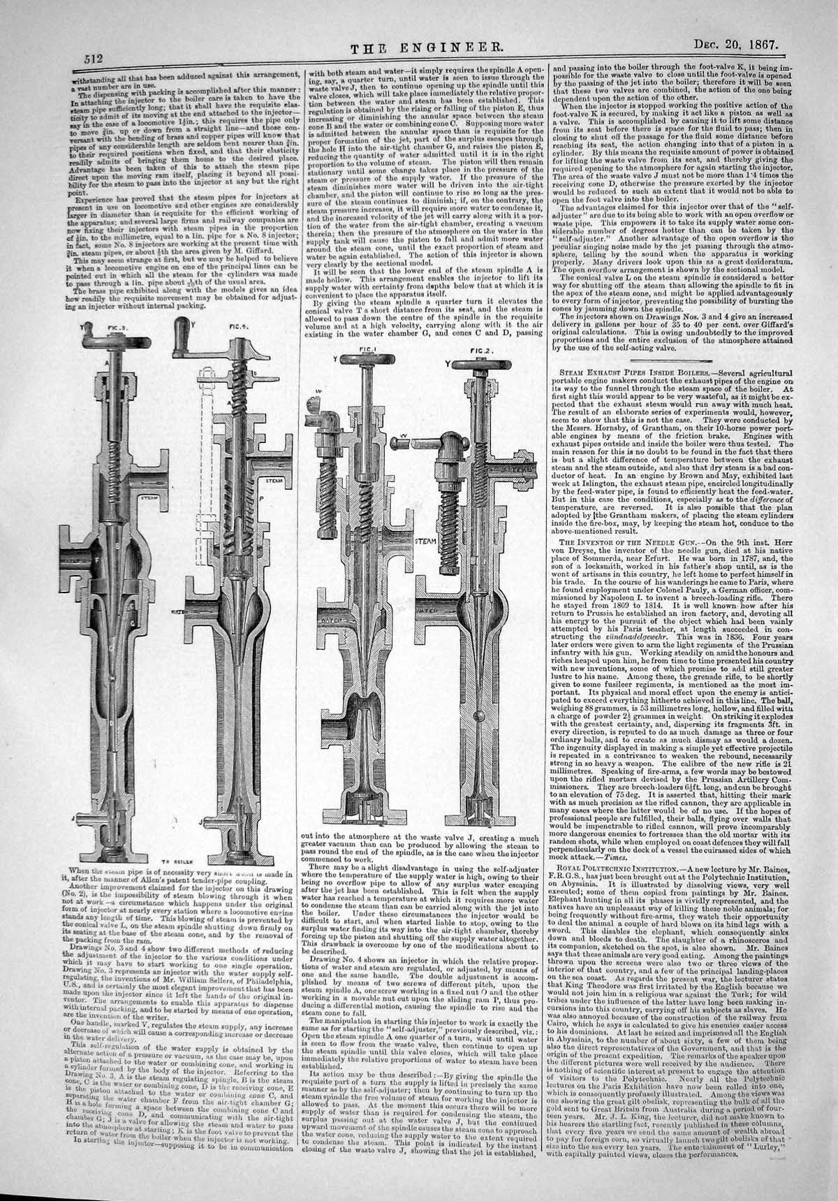 Original Old Antique Print 1867 Engineering Steam Exhaust Pipes Inside Boilers