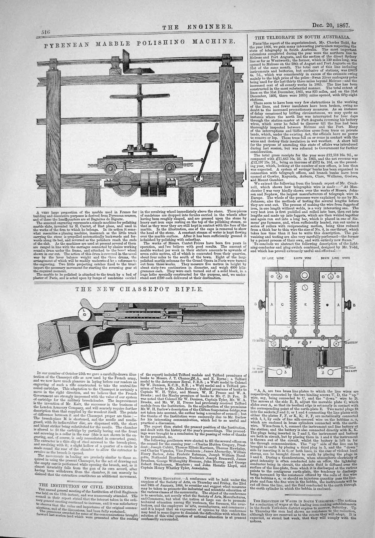 Old 1867 Pyrenean Marble Polishing Machine Chassepot Rifle Telegraph Victorian