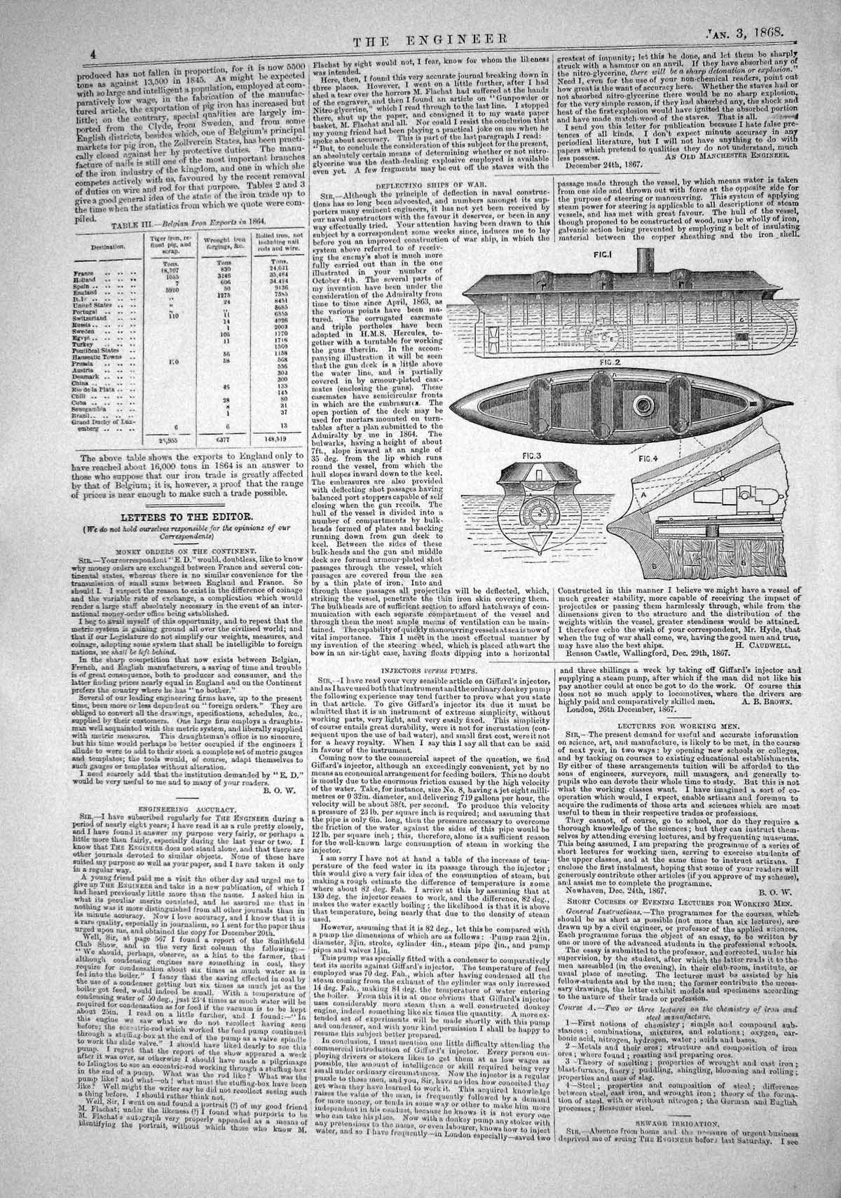 Original Old Antique Print 1868 Deflecting Ships War Diagrams Engineering 19th