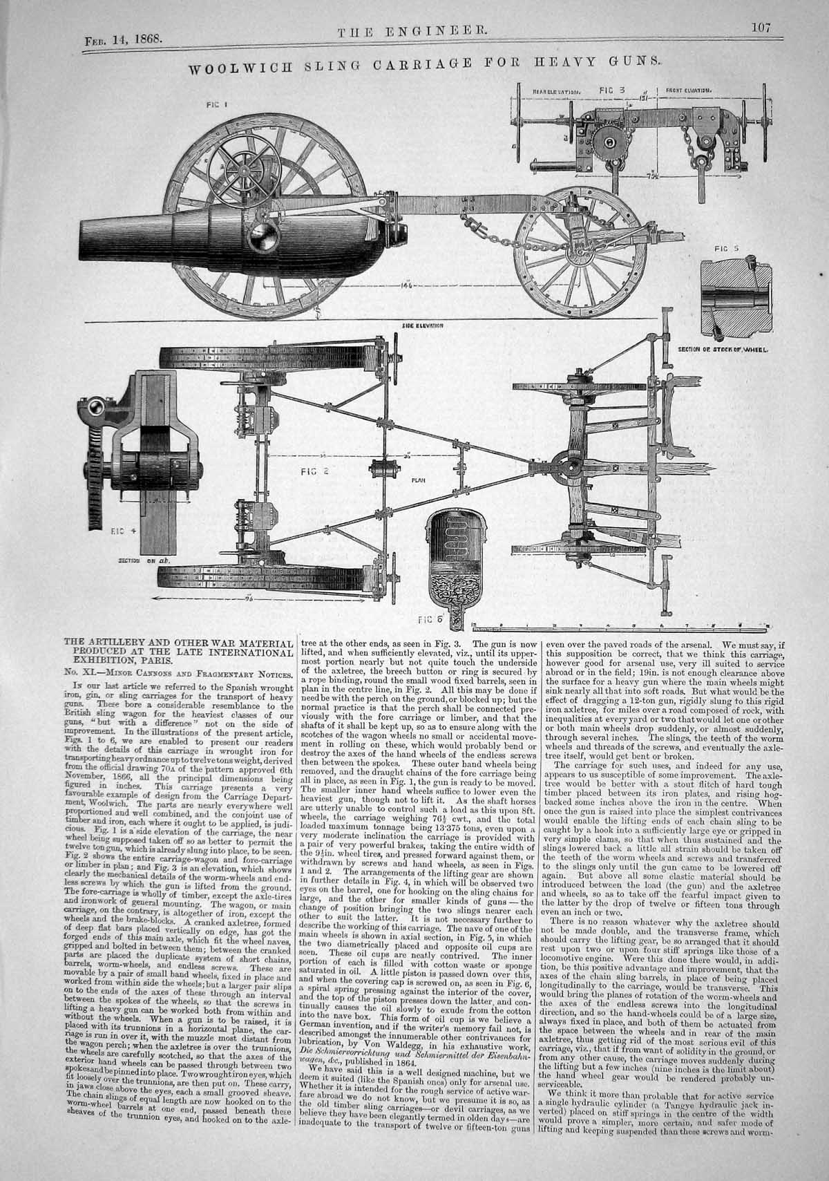 Old Print 1868 Woolwich Sling Carriage Heavy Guns War Weapons Engineering 19th