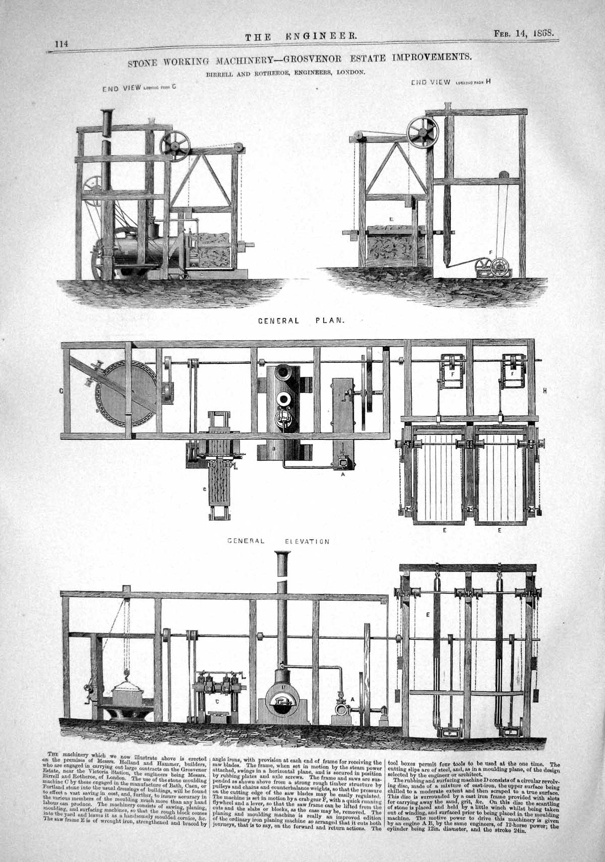 Old 1868 Stone Working Machinery Grosvenor Birrell Rotheroe Thomas'S Victorian