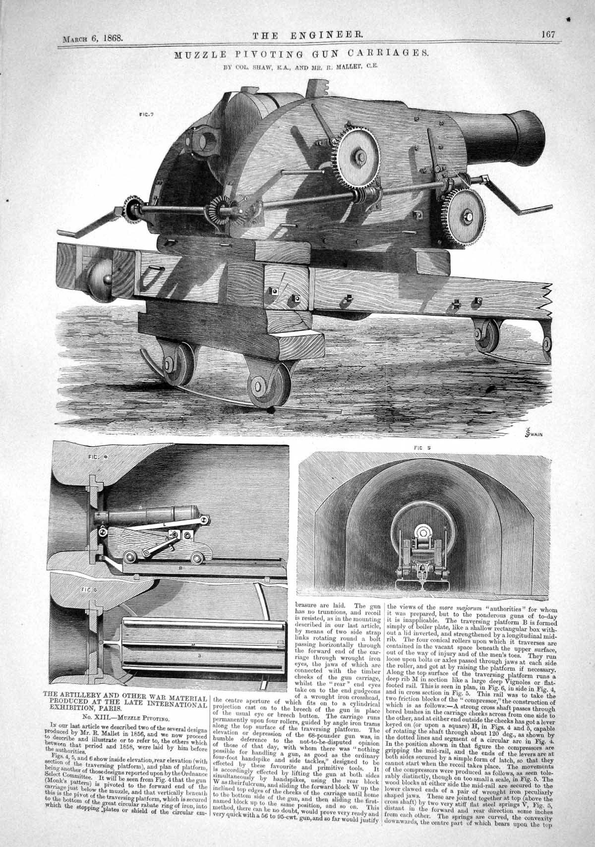 Old 1868 Muzzle Pivoting Gun Carriages Shaw Mallet War Artillery Mach Victorian