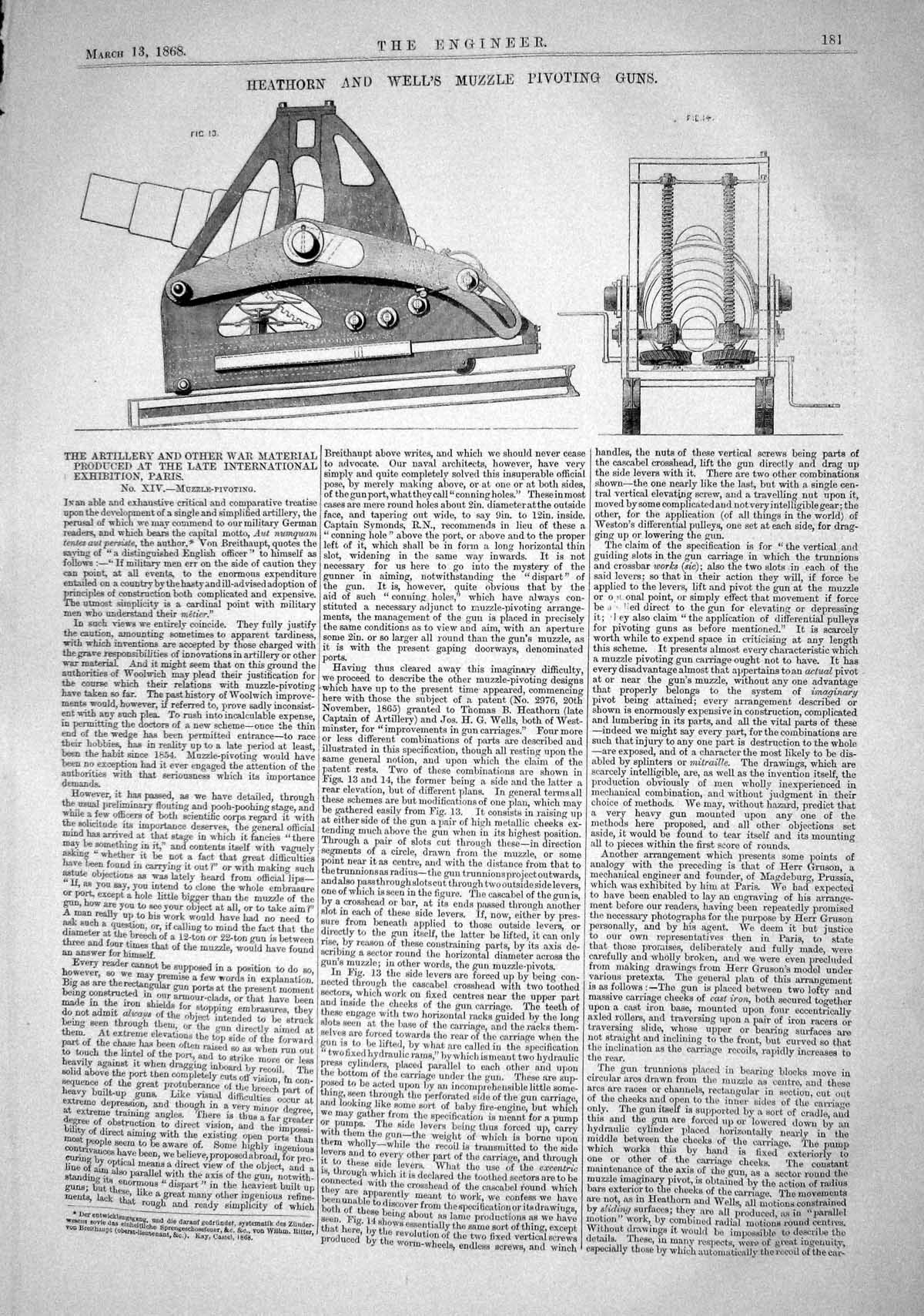 Old Print 1868 Heathorn Wells Muzzle Pivoting Guns Machinery Instruments 19th