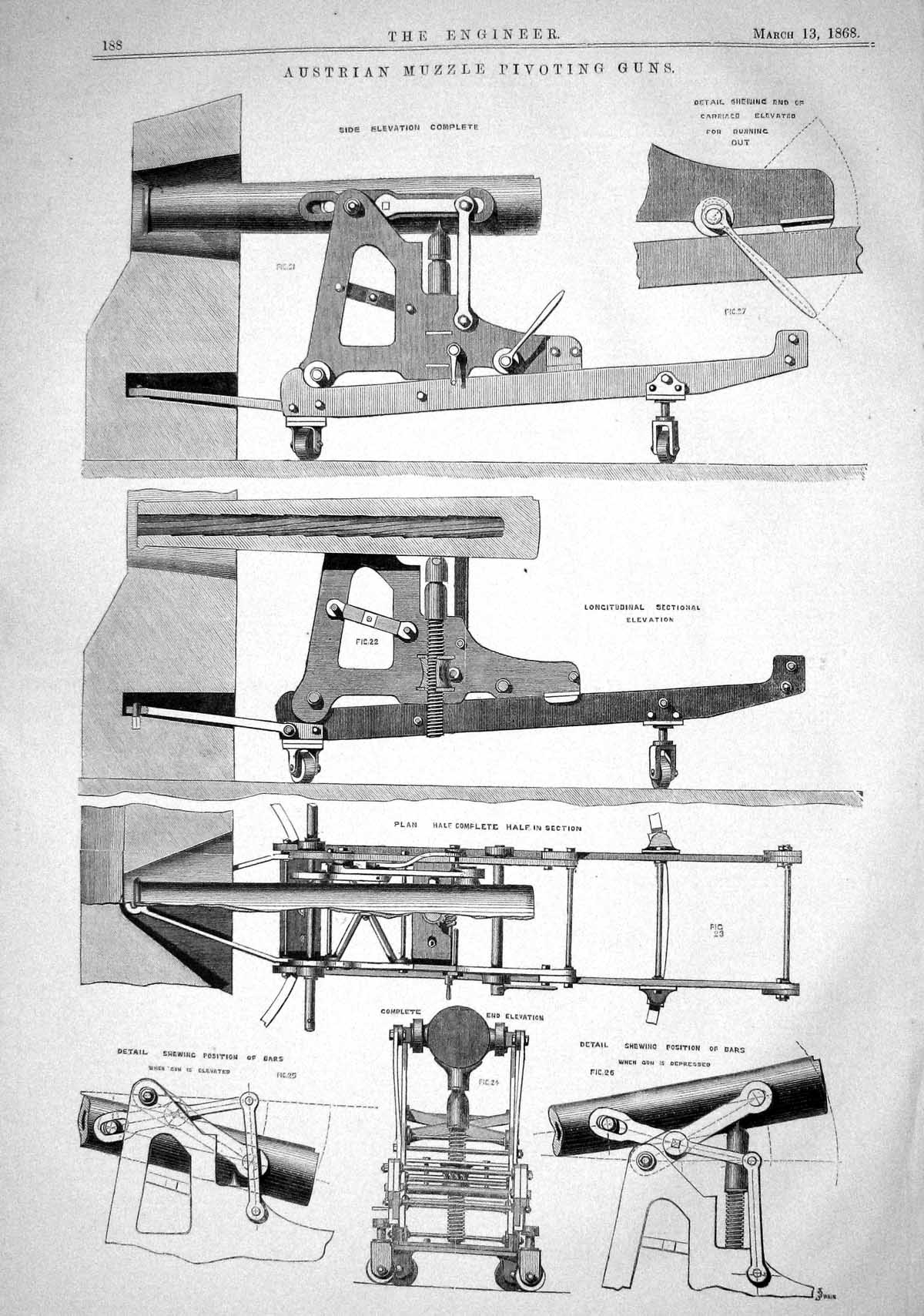 Antique Old Print 1868 Austrian Muzzle Pivoting Guns Instruments Engineering