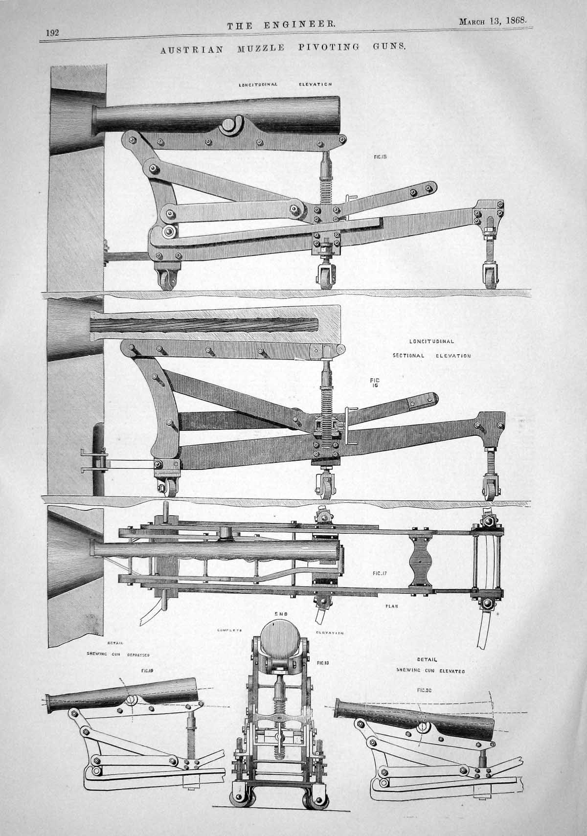 Old 1868 Austrian Muzzle Pivoting Guns Diagrams Longitudinal Elevatio Victorian