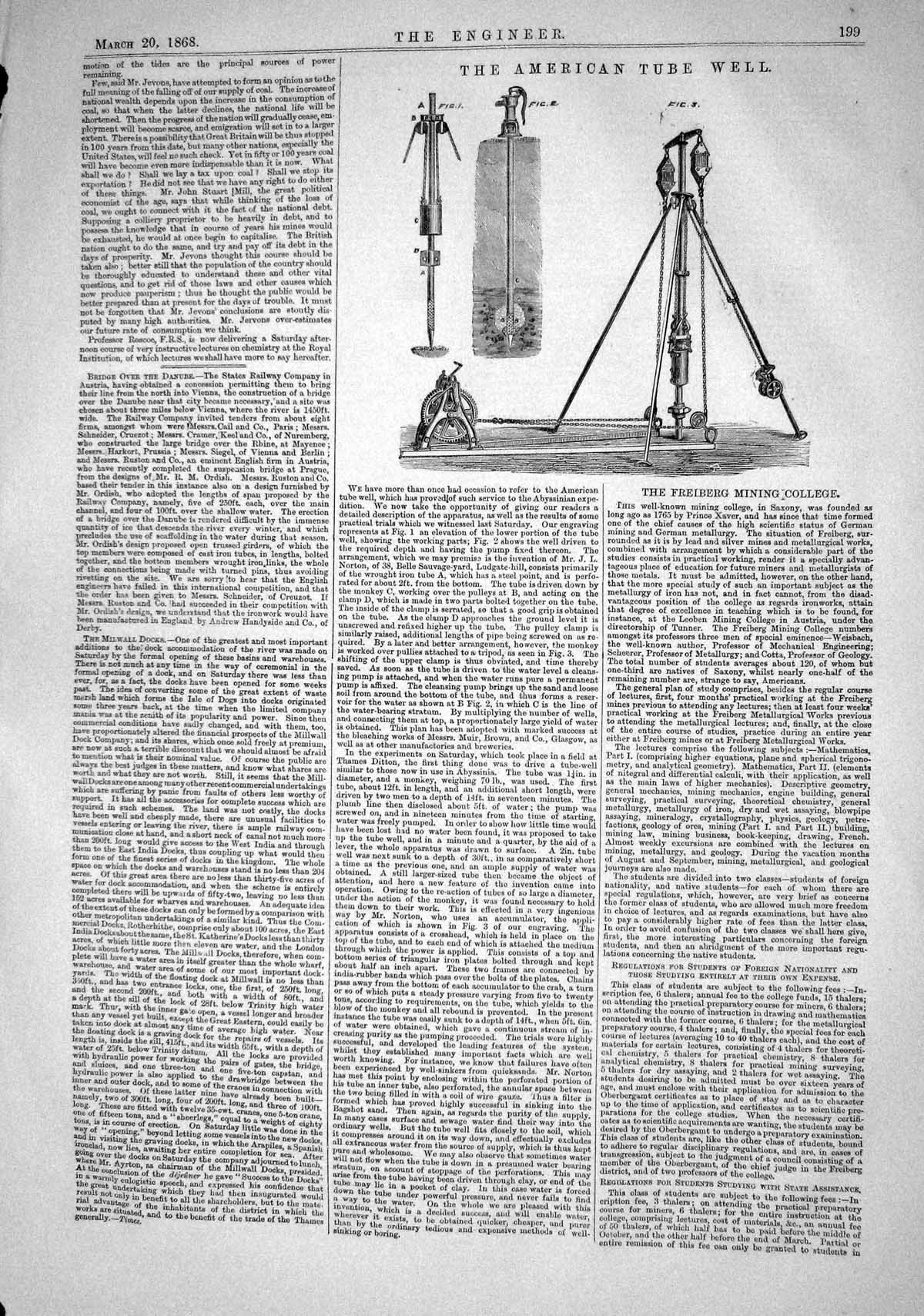 Original Old Antique Print 1868 Engineering American Tube Well Instrument 19th