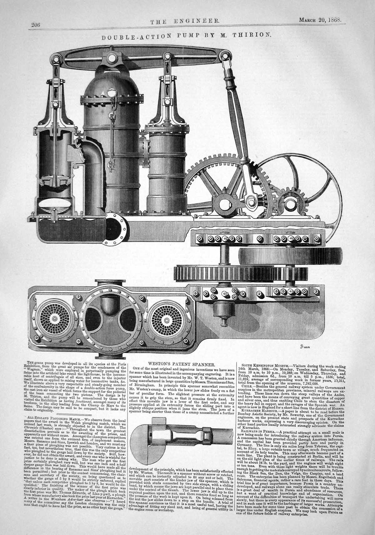 Old 1868 Double Acting Pump Thirion Machinery Instruments Weston Pate Victorian