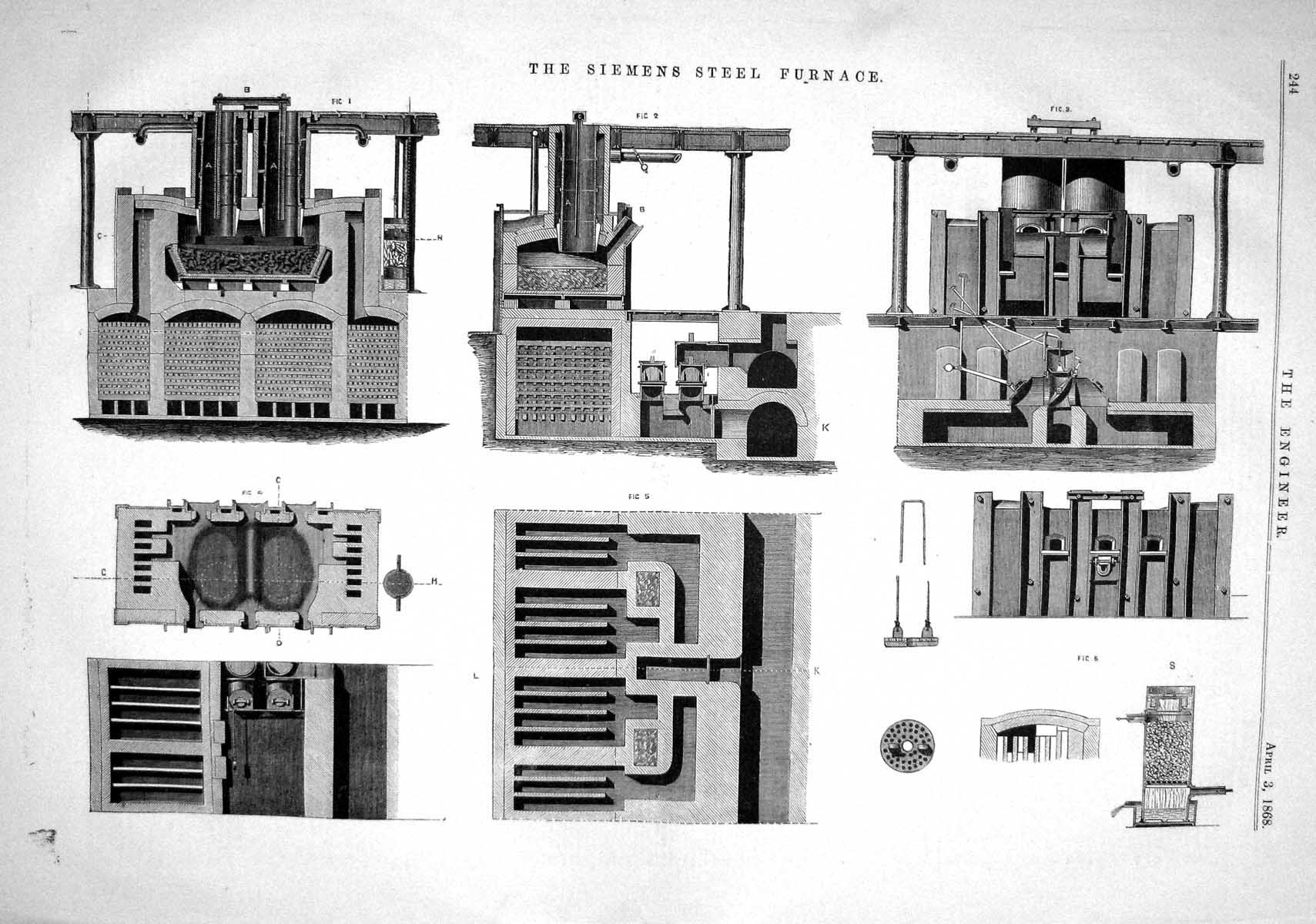 Antique Print 1868 Siemens Steel Furnace Machinery Instruments Engineering 19th