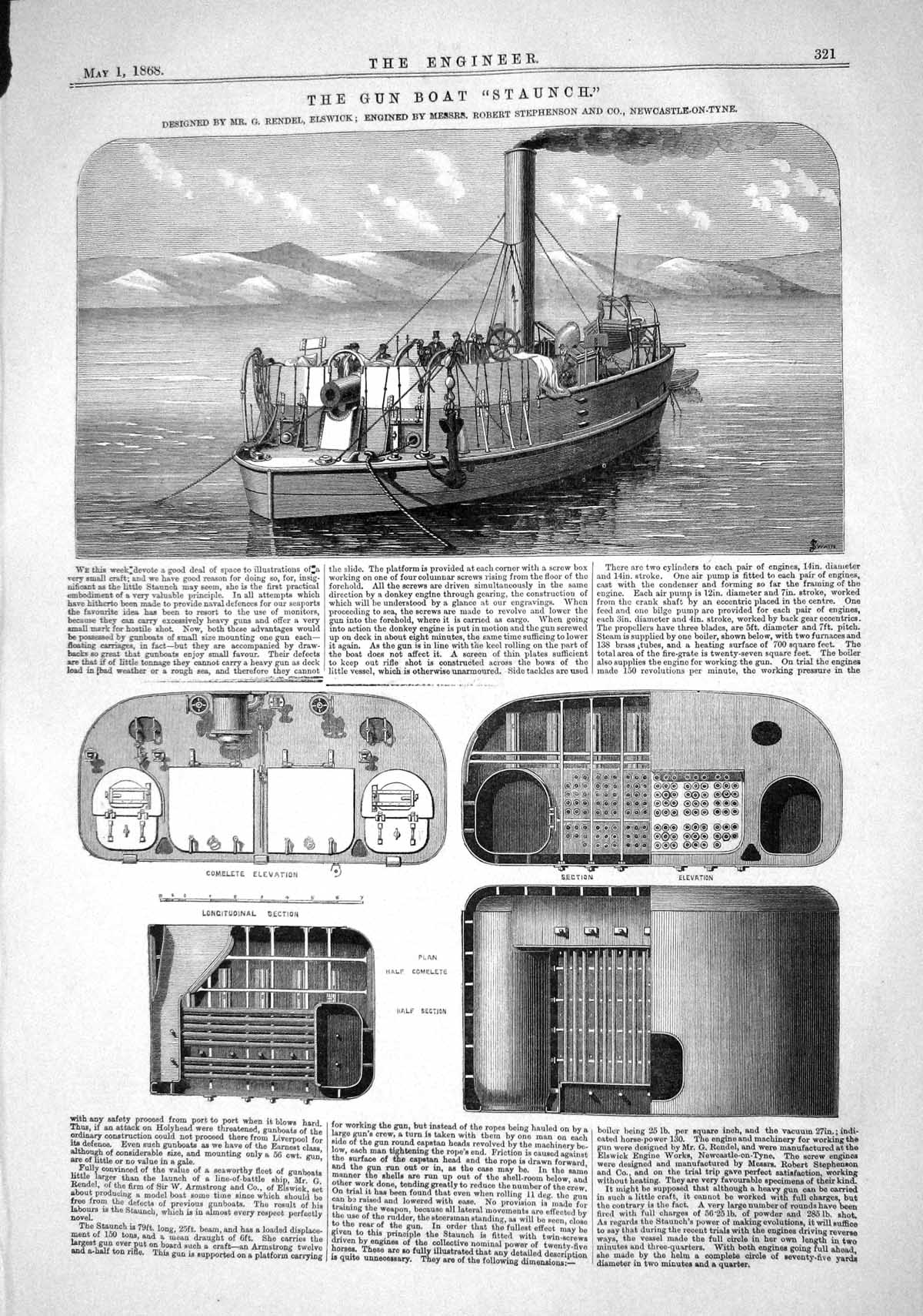 Antique Old Print 1868 Gun Boat Staunch Rendel Elswick Stephenson Engineering