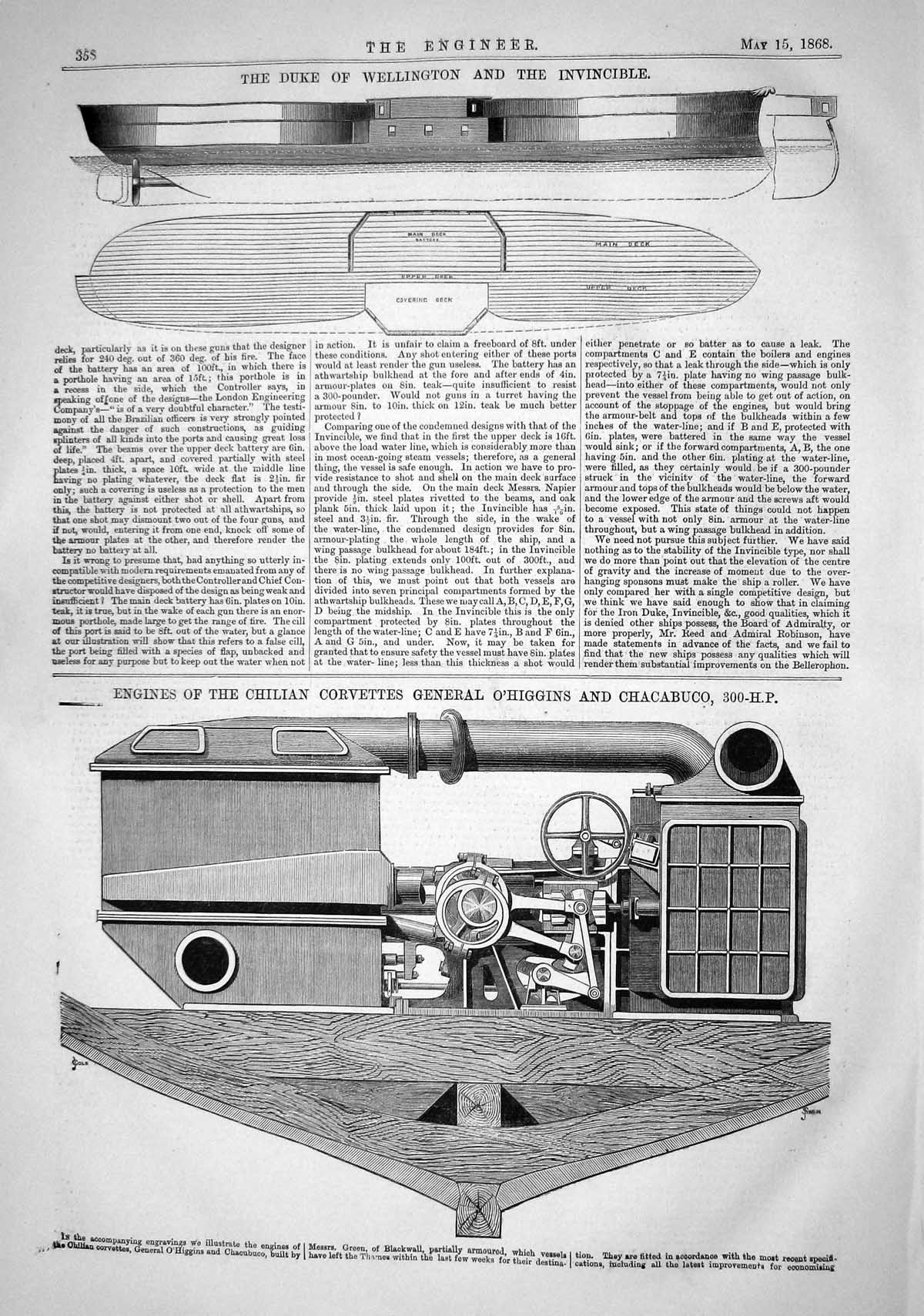 Old 1868 Duke Wellington Invincible Plan Engines Chilian Corvettes O' Victorian
