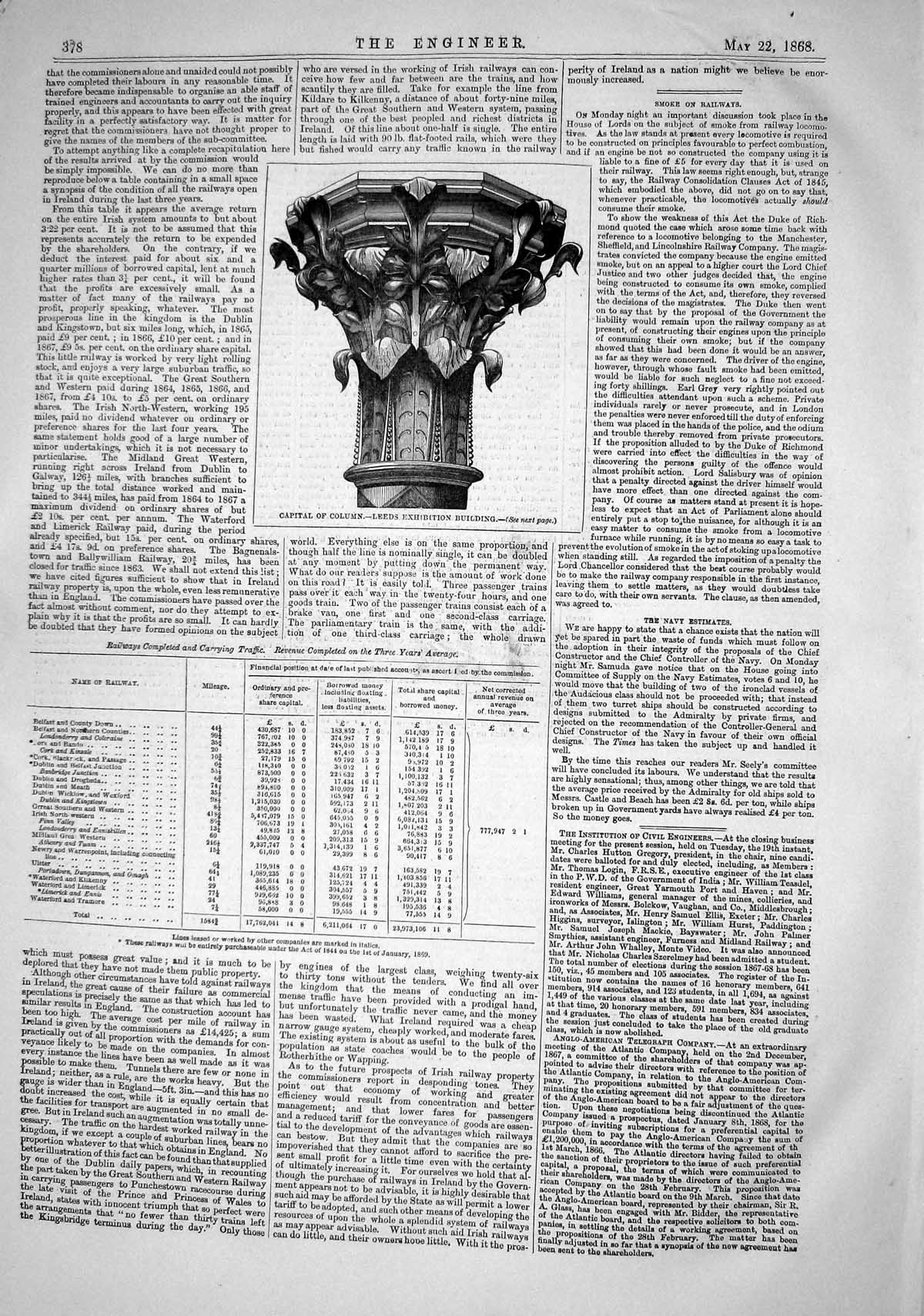 Old 1868 Capital Column Leeds Exhibition Building Railway Traffic Ire Victorian