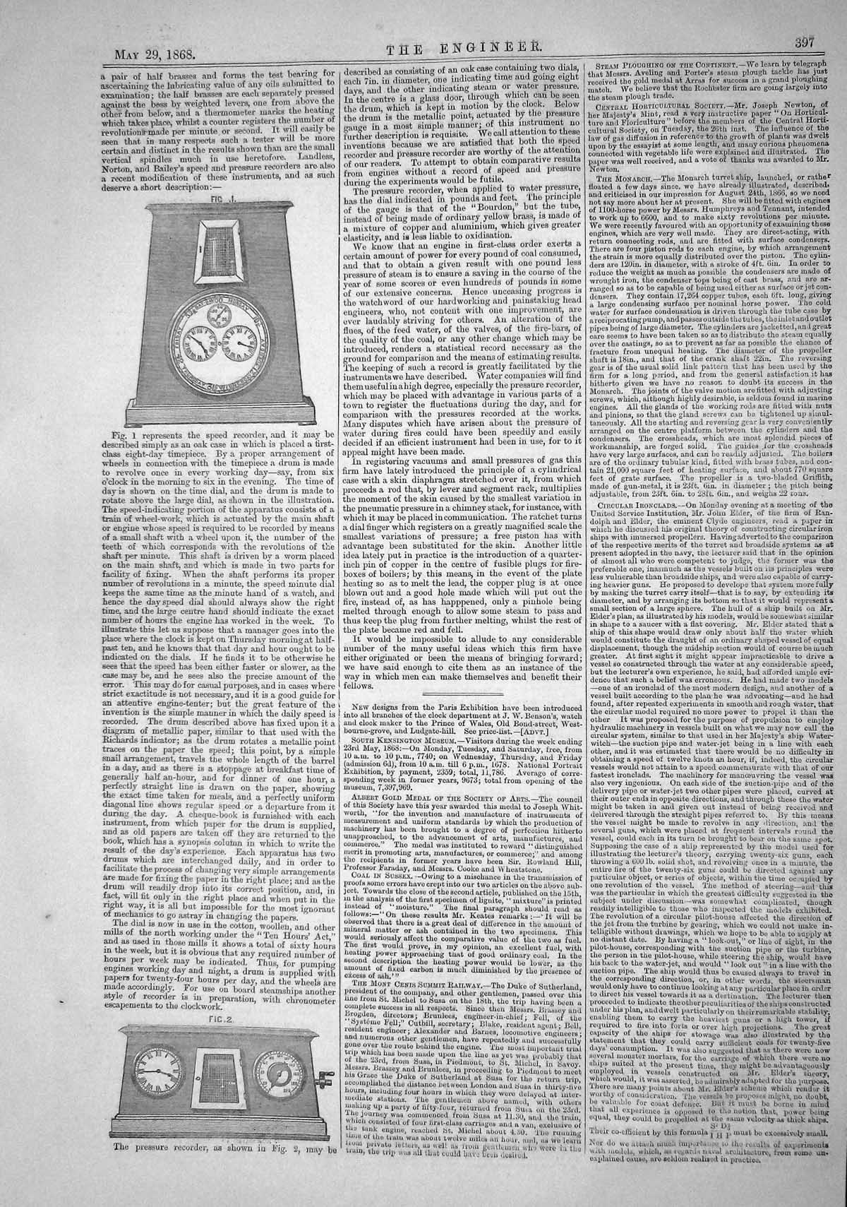 Original Old Antique Print 1868 Pressure Recorder Instruments Clock Engineer