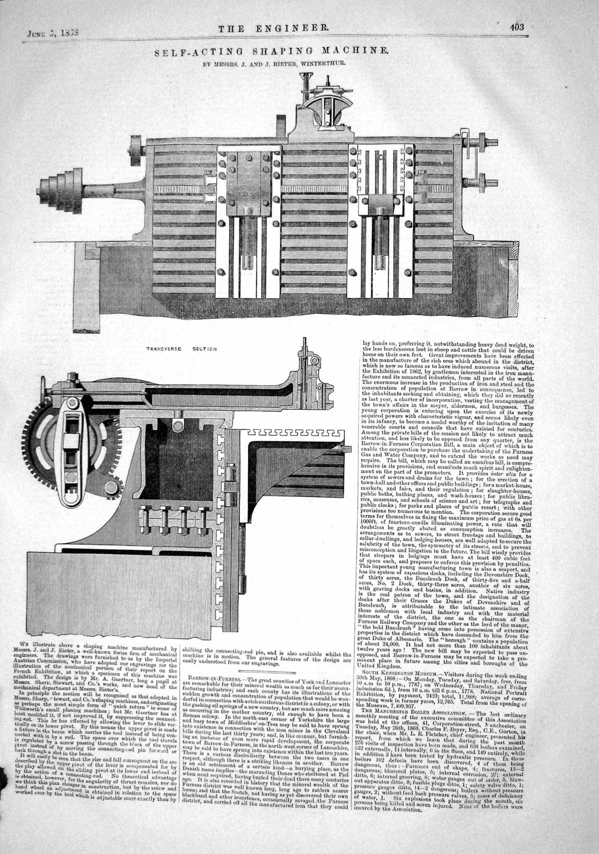 Old 1868 Self Acting Shaping Machine Rieter Winterthur Machinery Engi Victorian