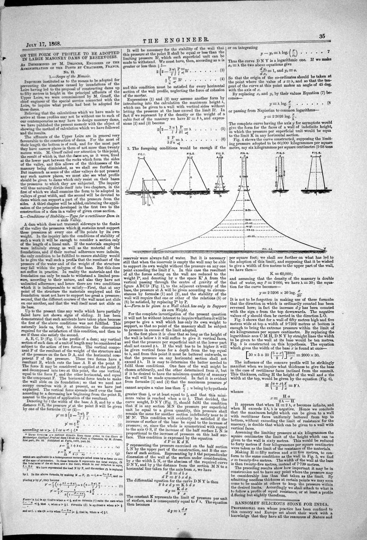 Old Print 1868 Form Profile Adopted Large Masonry Dams Reservoir Diagrams 19th