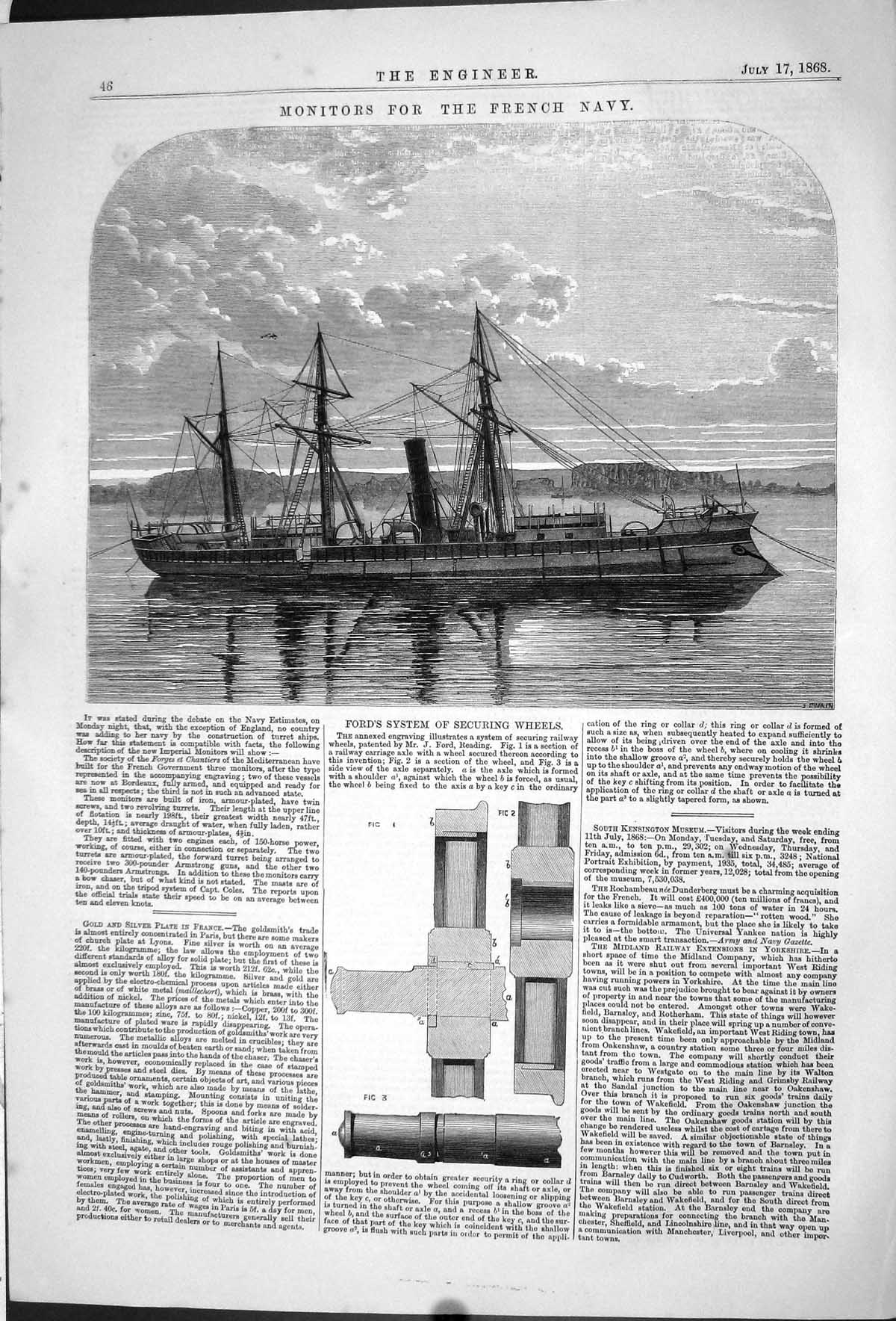Old 1868 Monitors Ships French Navy Ford System Securing Wheels Engin Victorian