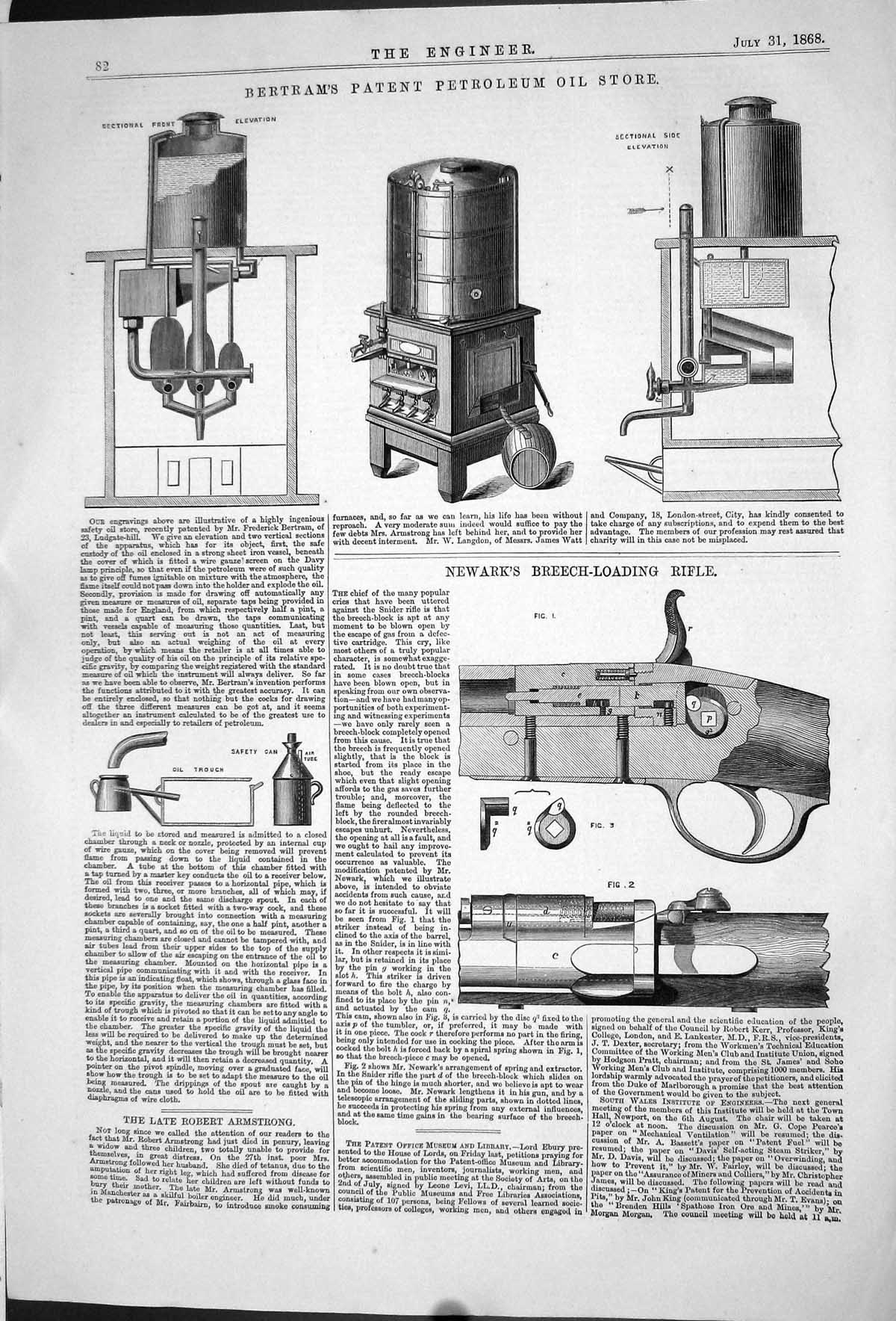 Old 1868 Bertrams Patent Petroleum Oil Store Newark Breech-Loading Ri Victorian