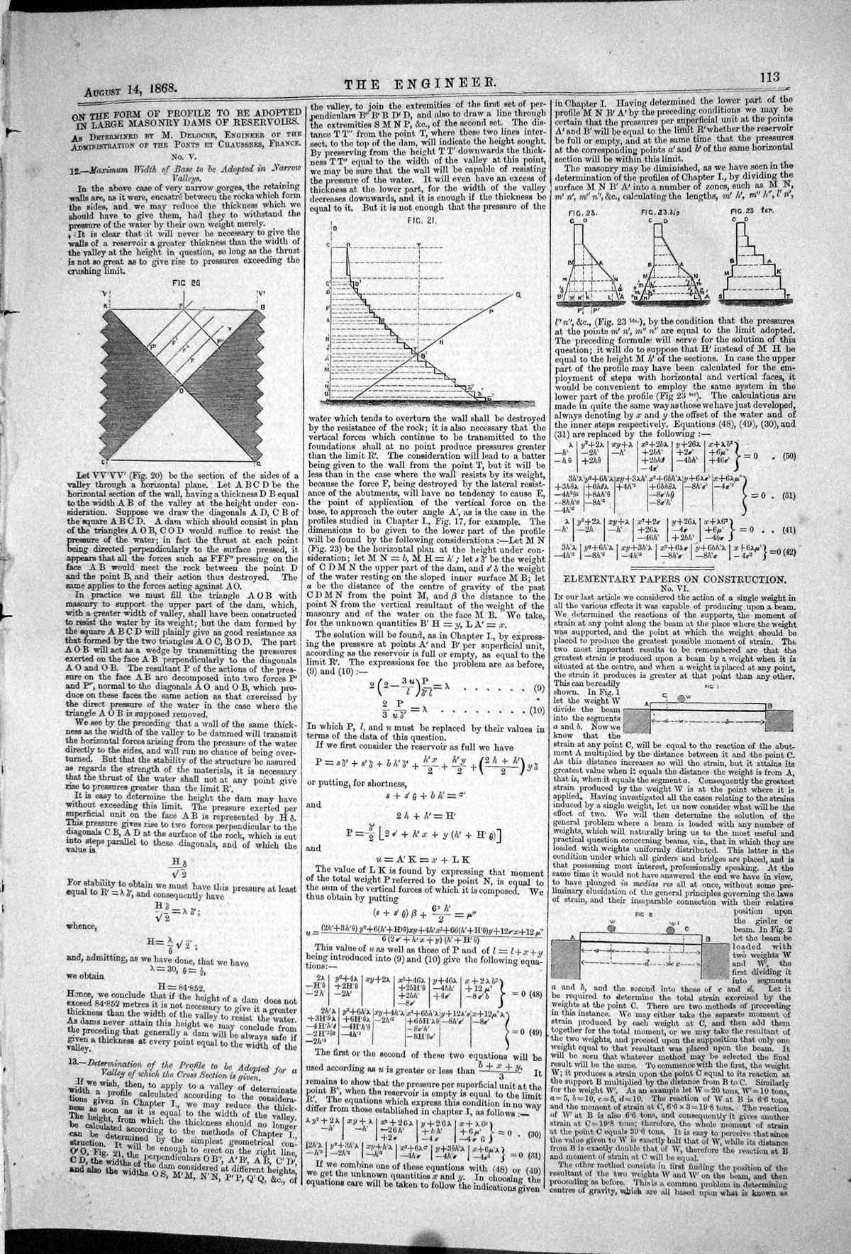 Old Print 1868 Form Profile Masonry Dames Diagrams Euqations Engineering 19th